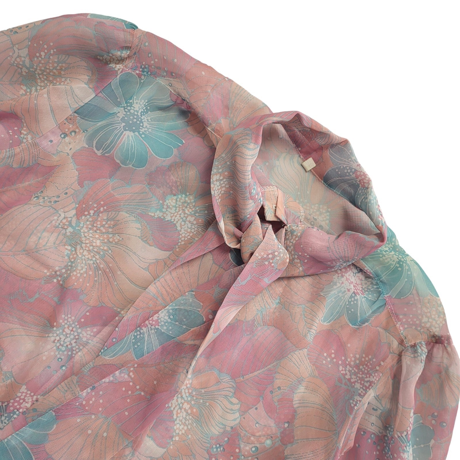Vintage 70s Pink Blue Floral Long Sleeve Blouse Uk Women's Size 16