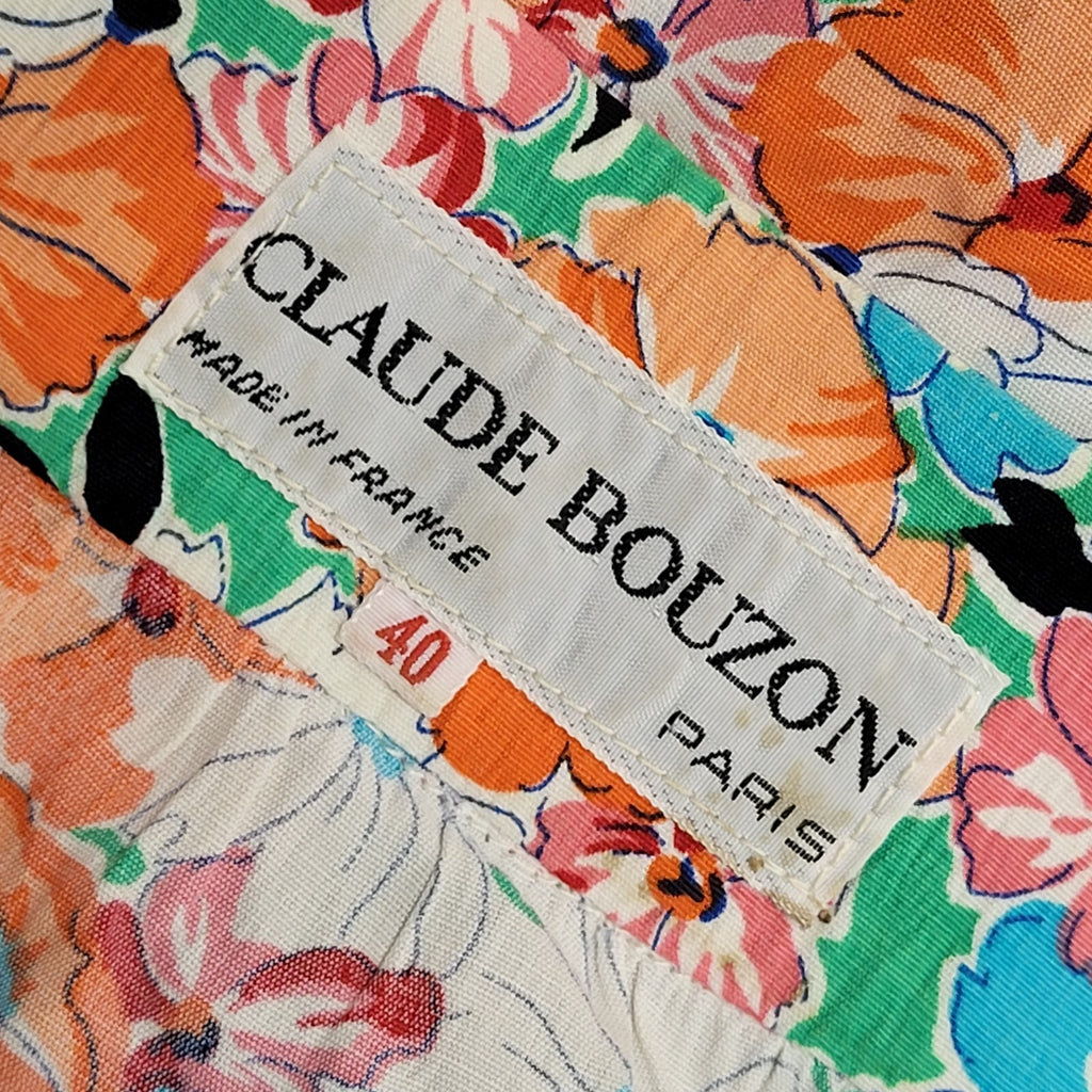70s Vintage Claude Bouzon Orange Floral  Pencil Buttoned Dress Women's 12