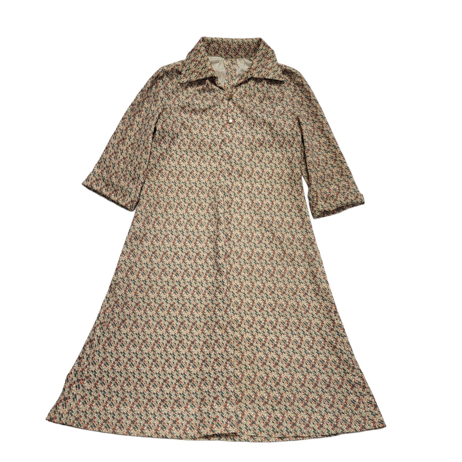 70s Vintage Beige Geometric 3/4 Sleeve A-Line Dress Women's 12