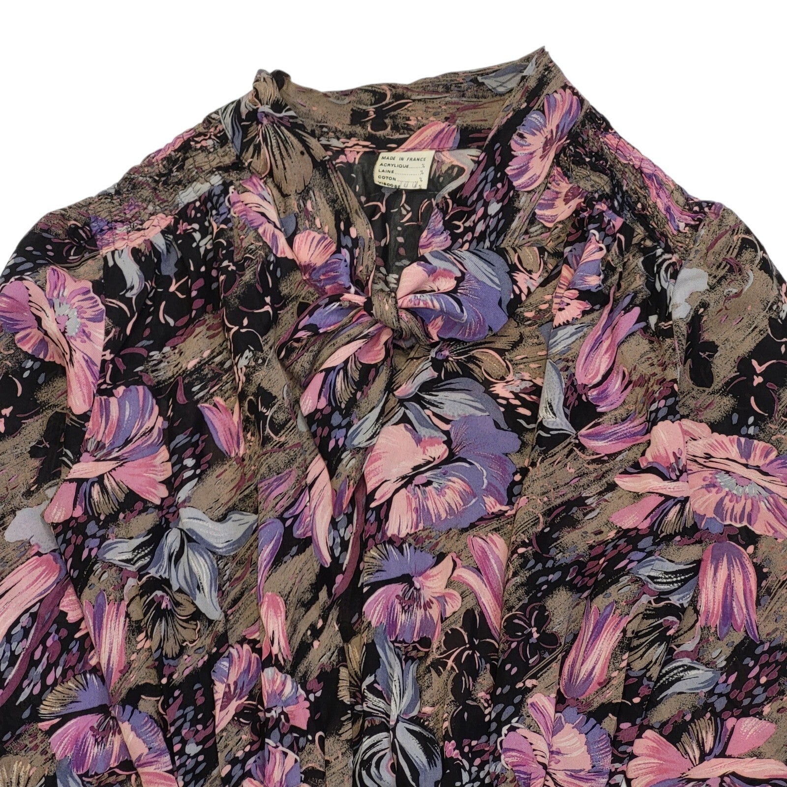 80s Vintage French Purple Floral Bow Neck Dress Women's 6/8