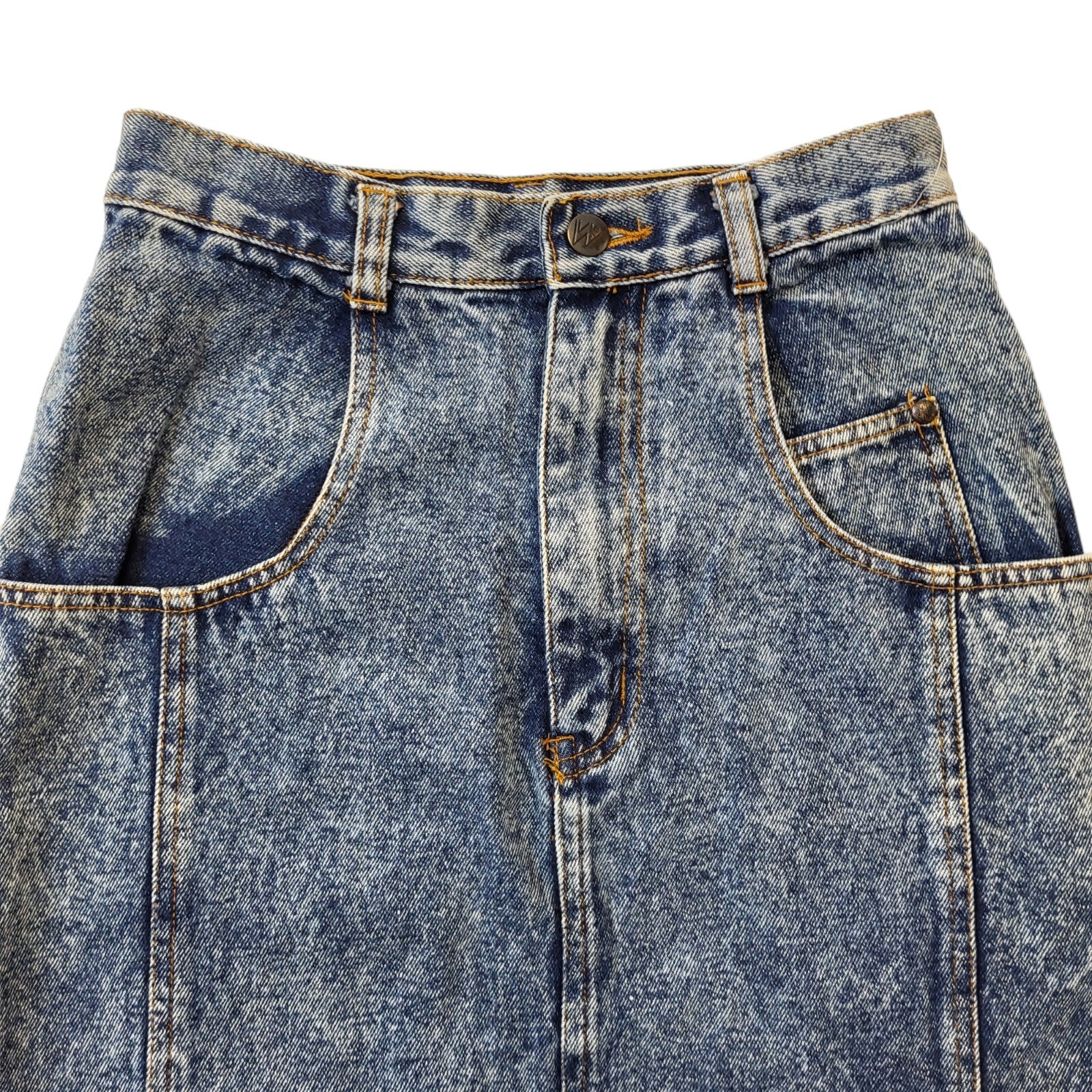 Walker Wear 80s Vintage Blue Acid Wash Midi Denim Skirt Women's Size 8 EU 36 W26