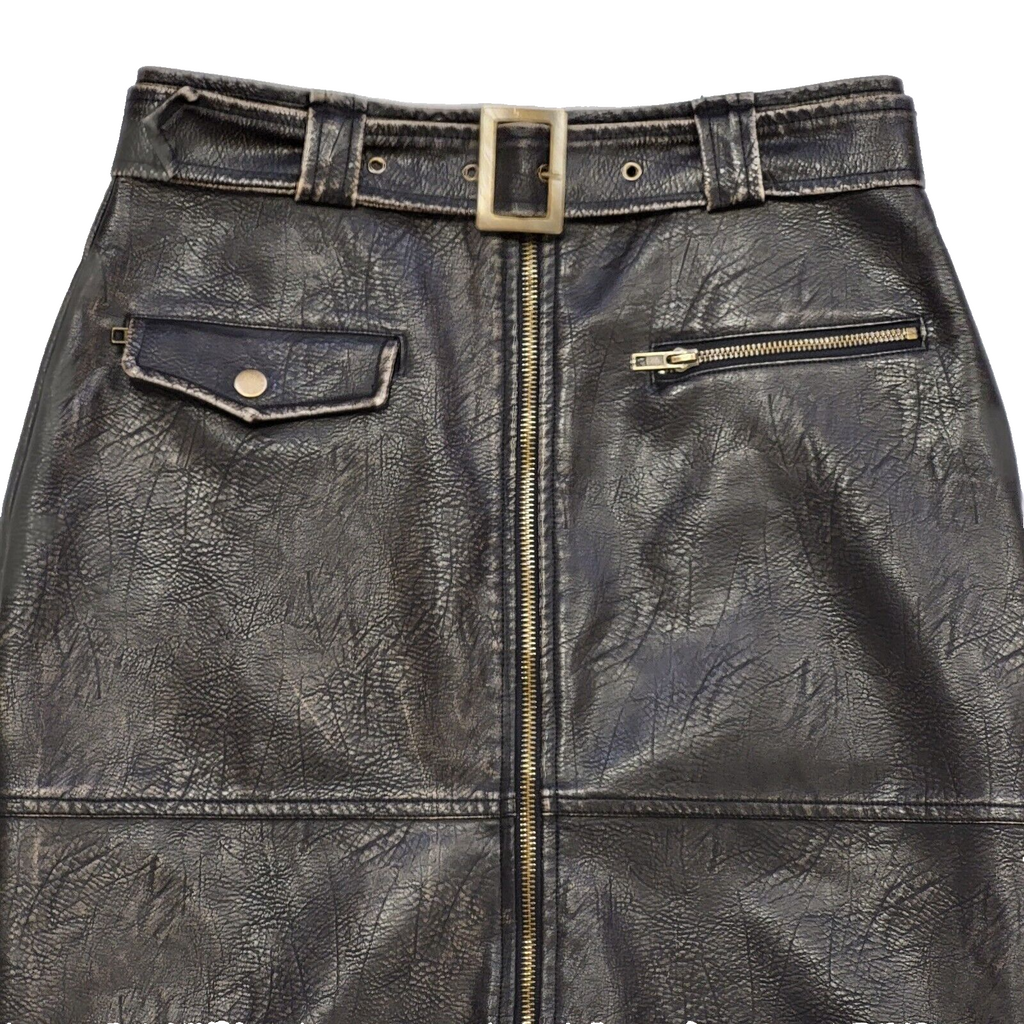 Tudor Knight Y2K Faux Leather Zip Belted Slit Skirt Womens UK Size 10 W28