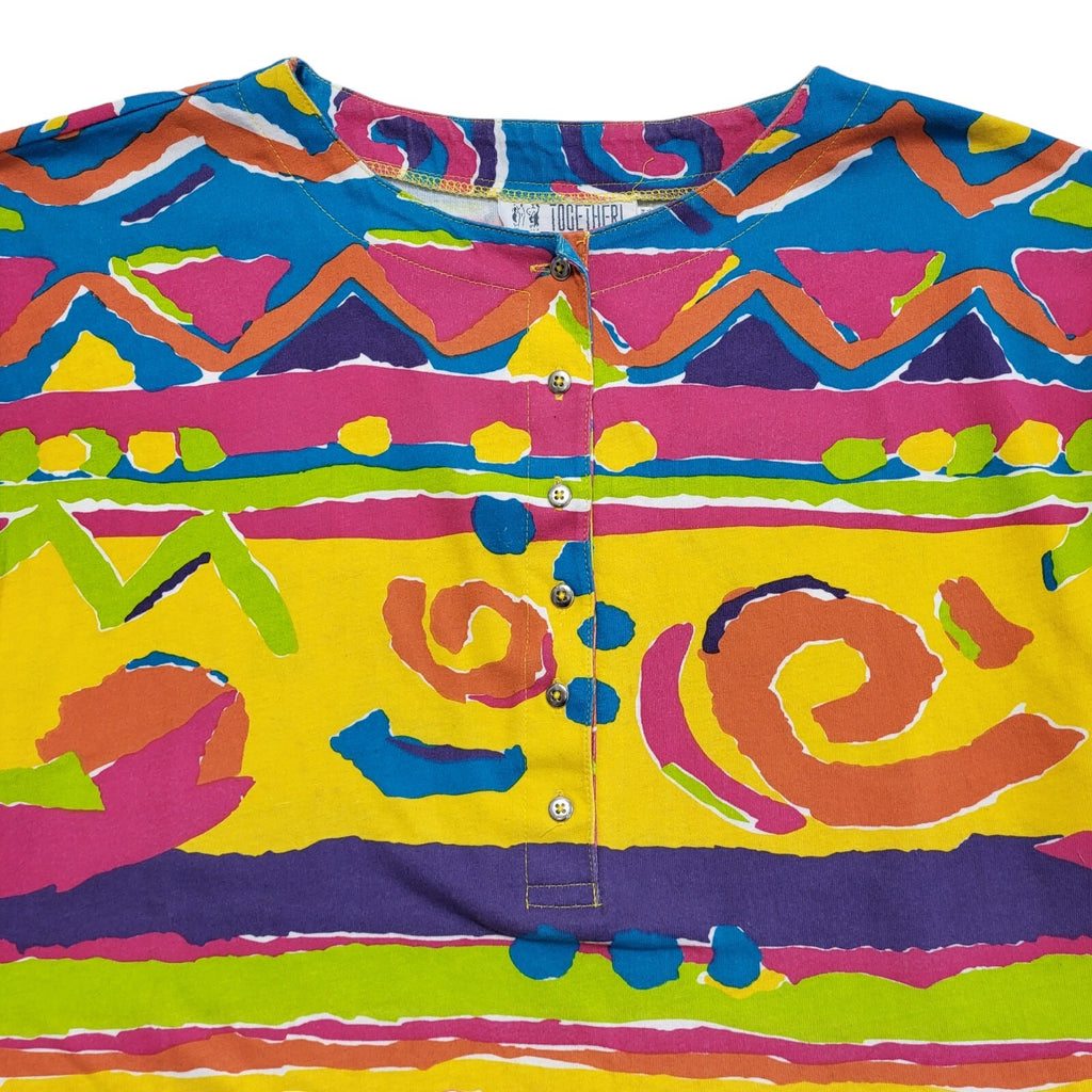 Together Vintage 90s Multicoloured Henley Short Sleeve T-Shirt Womens UK 16/18