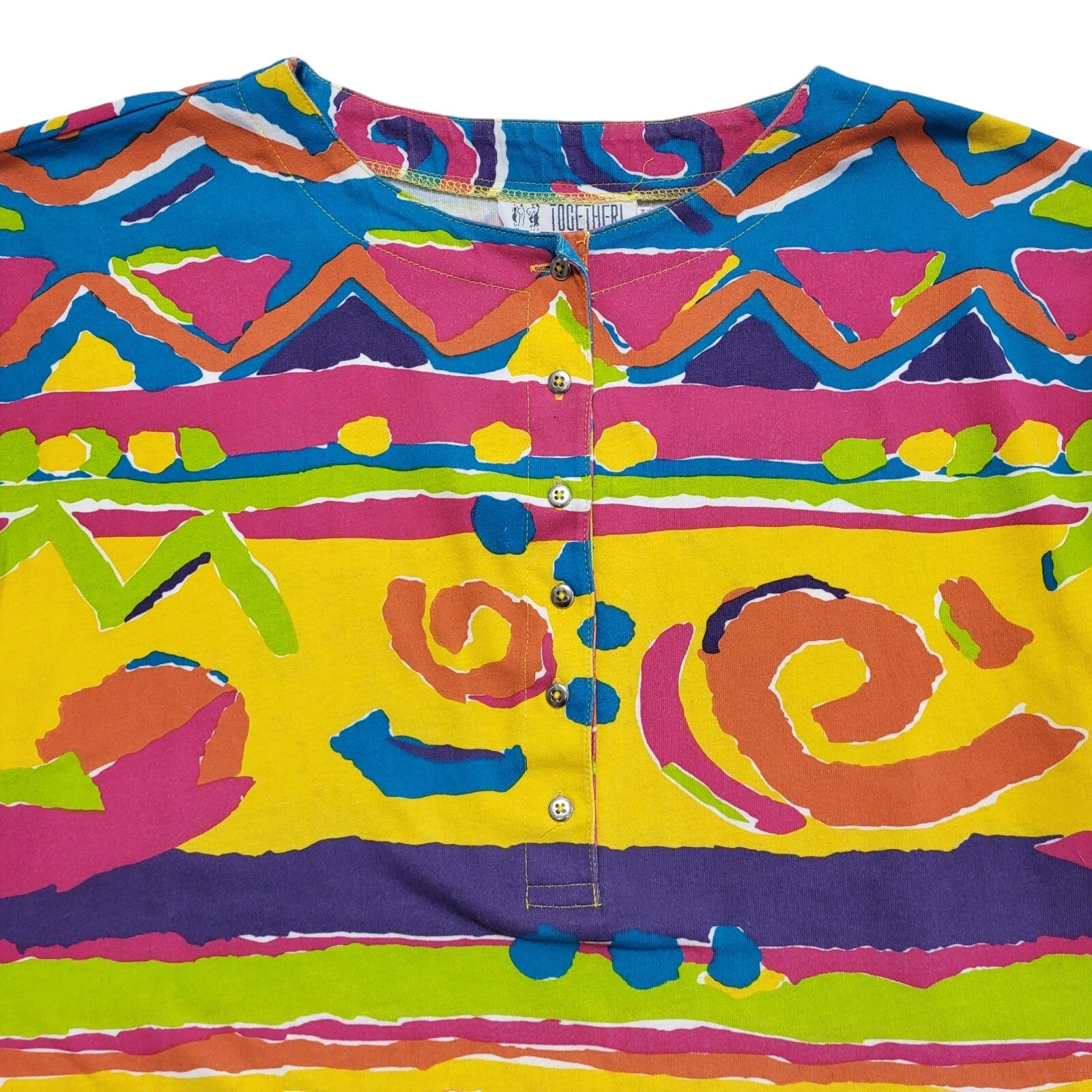 Together Vintage 90s Multicoloured Henley Short Sleeve T-Shirt Womens UK 16/18