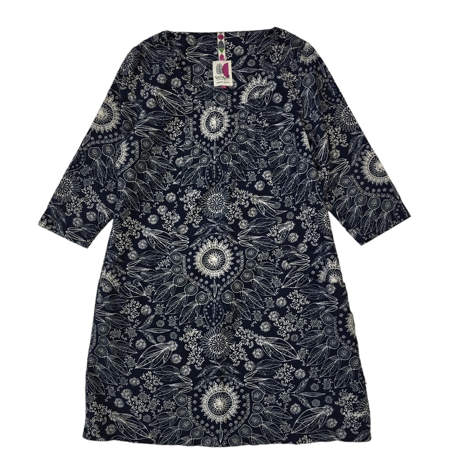 Weird Fish Vintage 90's Blue Floral 3/4 Sleeve Dress UK Women's Size 10