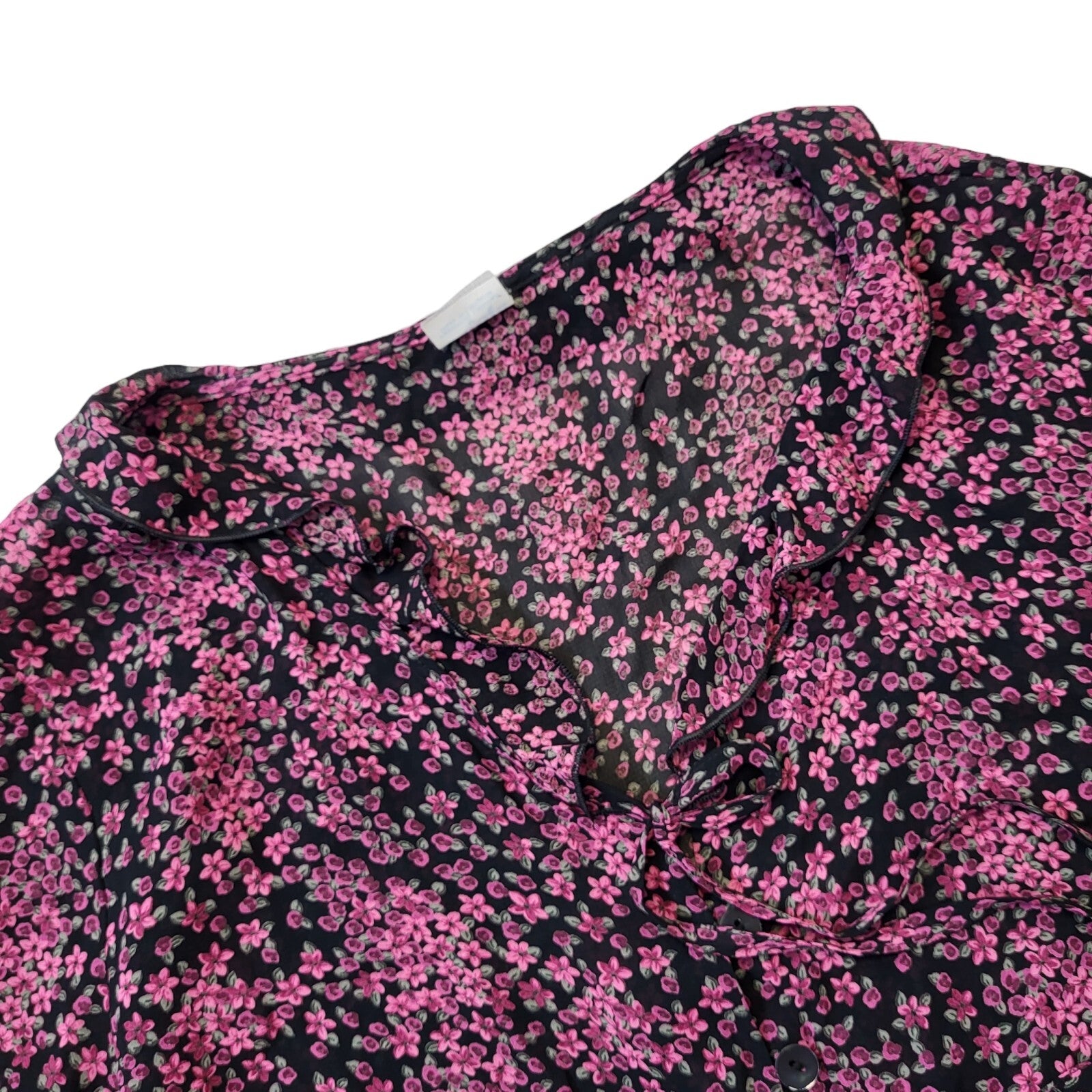 90s Vintage Black & Pink Floral Button Up Blouse Women's Size 16