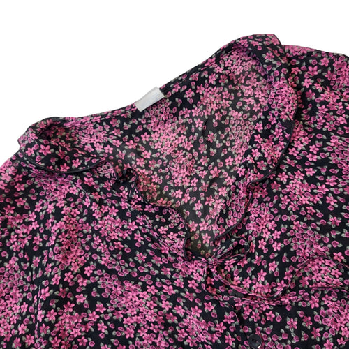 90s Vintage Black & Pink Floral Button Up Blouse Women's Size 16