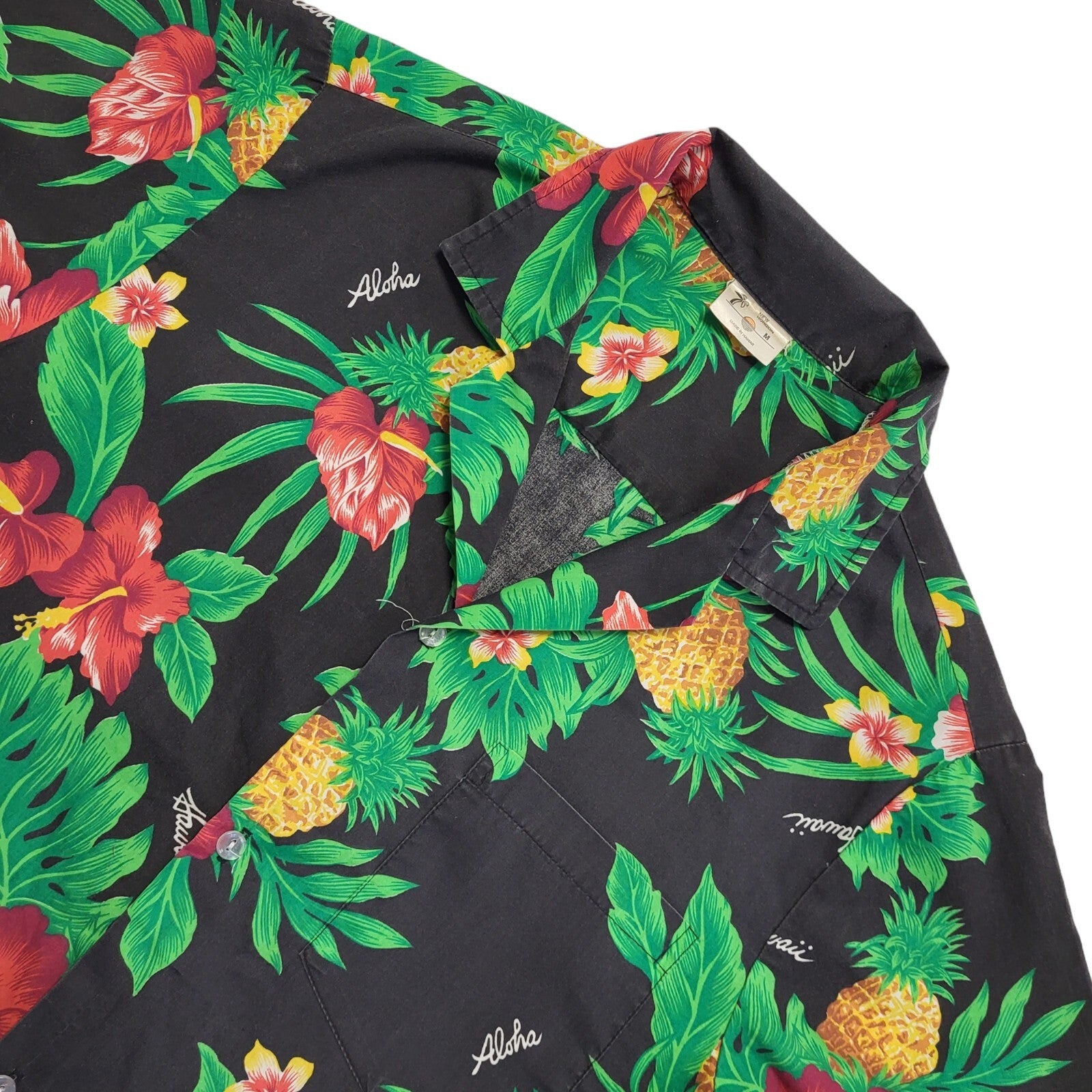 New Horizon 90s Black Green Floral Short Sleeve Retro Shirt Uk Men's Size M
