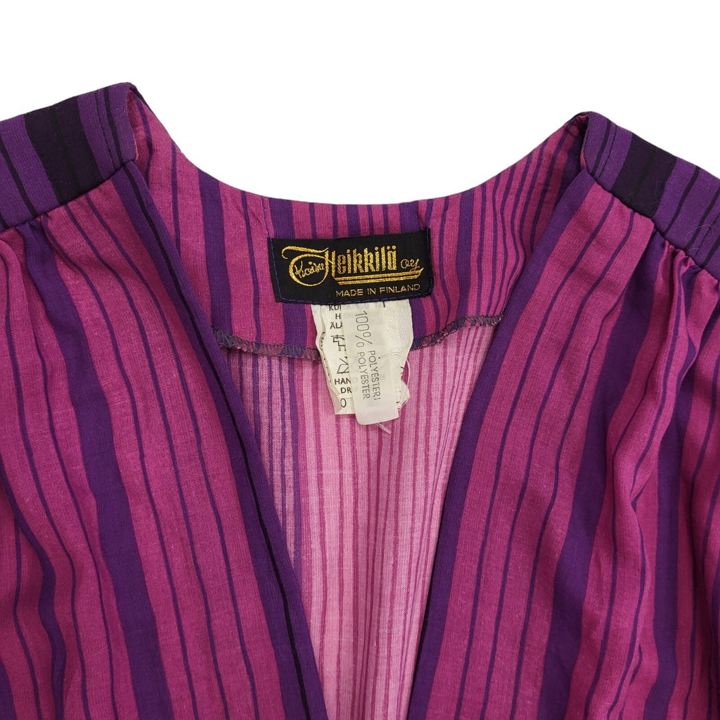 80s Purple Striped V-Neck Balloon Sleeve Pleated Dress Women's 12