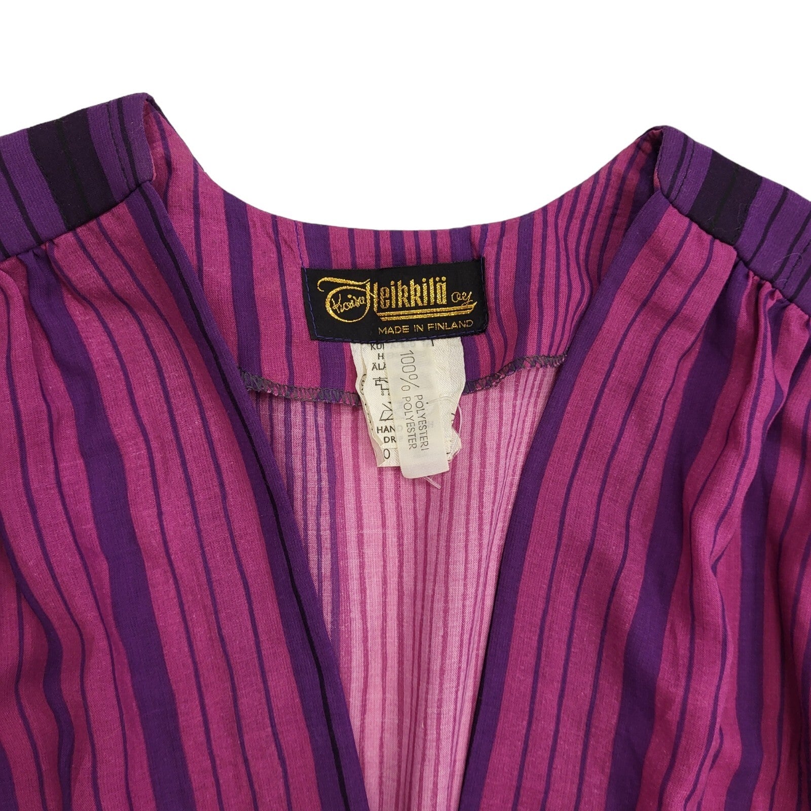 80s Purple Striped V-Neck Balloon Sleeve Pleated Dress Women's 12