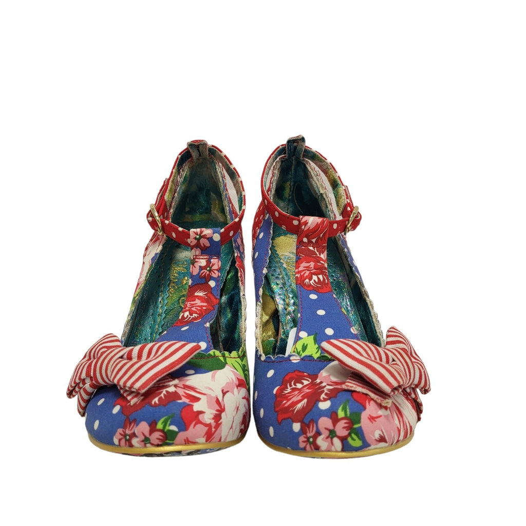 Vintage style Red Blue Floral T-bar Heels  Shoes Uk 4 Eu 36