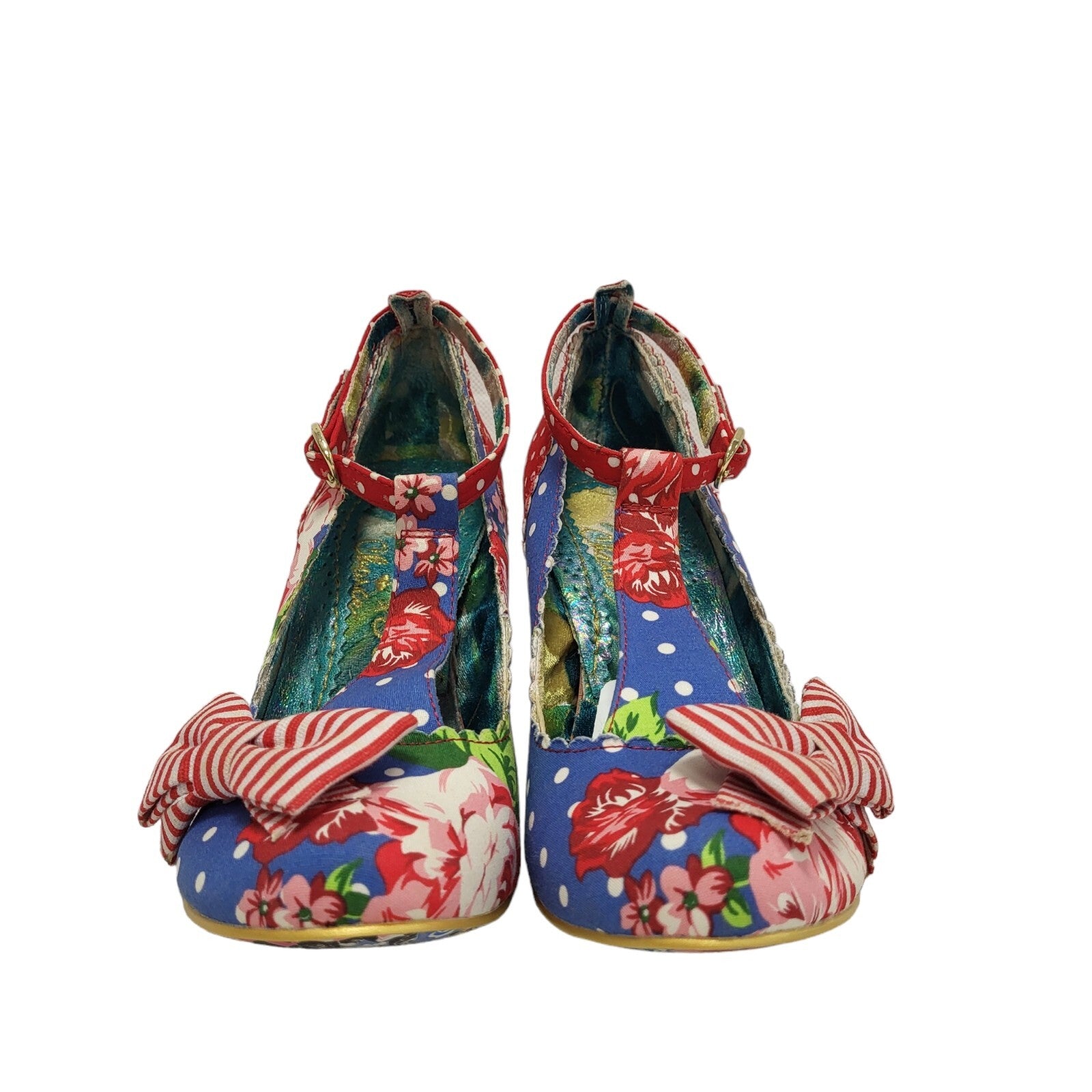Vintage style Red Blue Floral T-bar Heels  Shoes Uk 4 Eu 36