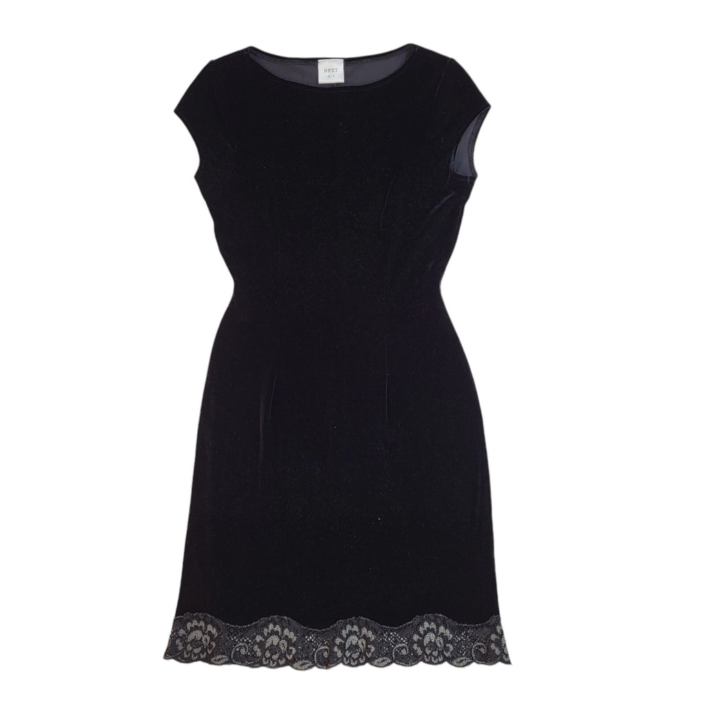 Next 90's Black Velour Lace Trim Knee Length Dress UK Women's Size 8