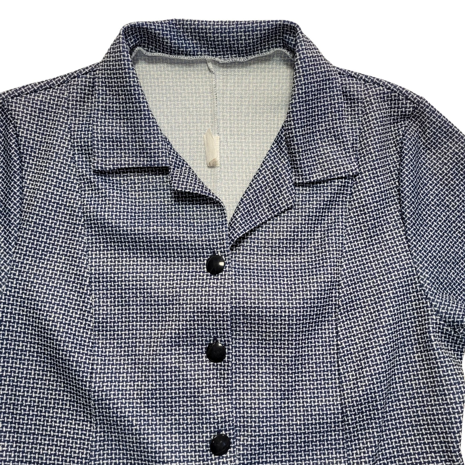 70s Vintage Blue & White Weave Pattern Shift Dress Women's 14