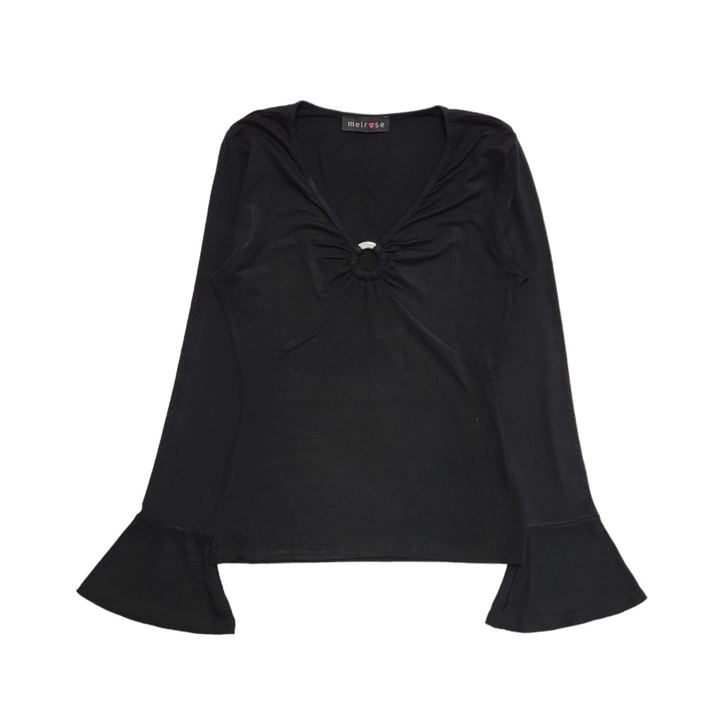 Melrose Vintage Y2K Black Metal Ring Detail Flared Sleeve Top Womens UK Size 10?