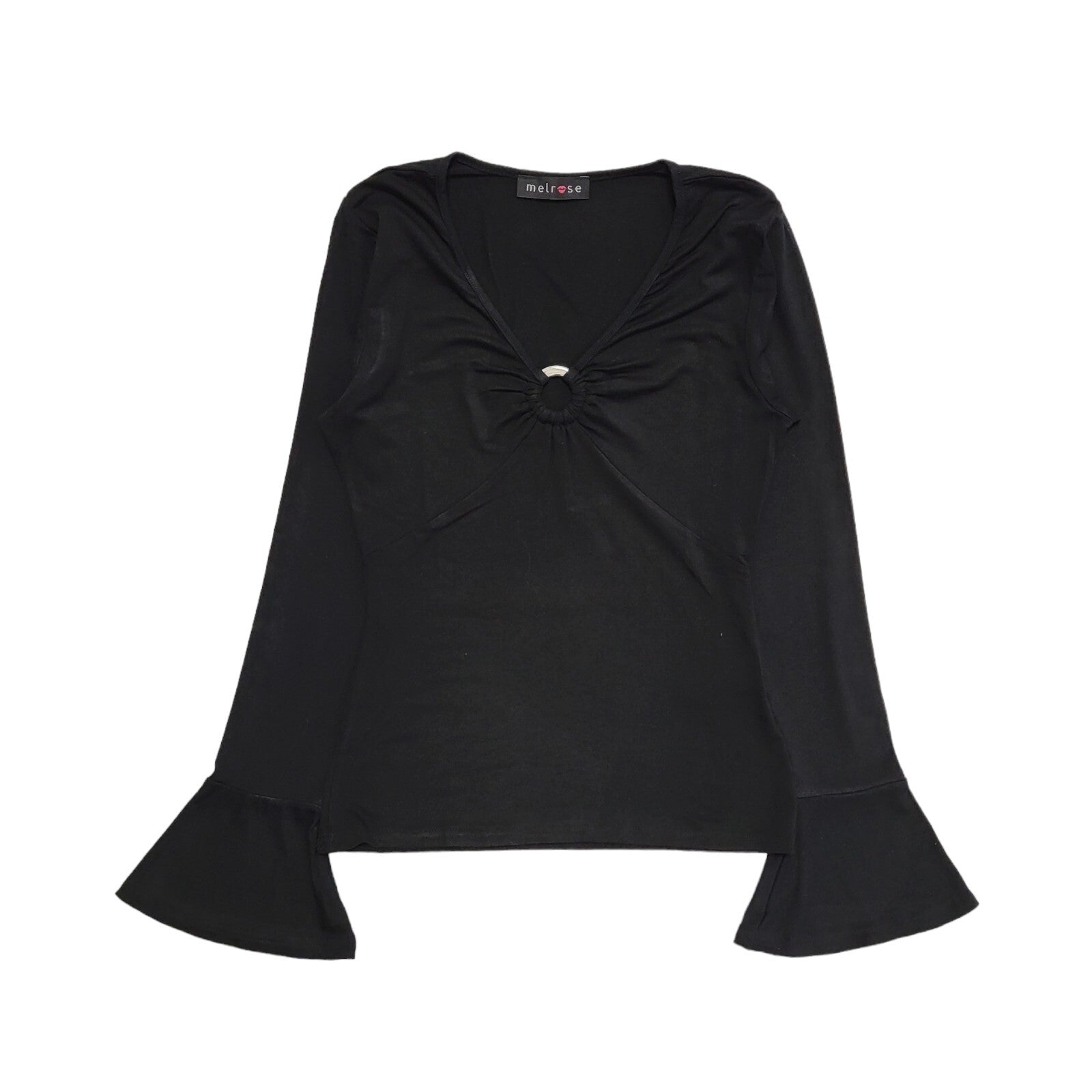 Melrose Vintage Y2K Black Metal Ring Detail Flared Sleeve Top Womens UK Size 10?