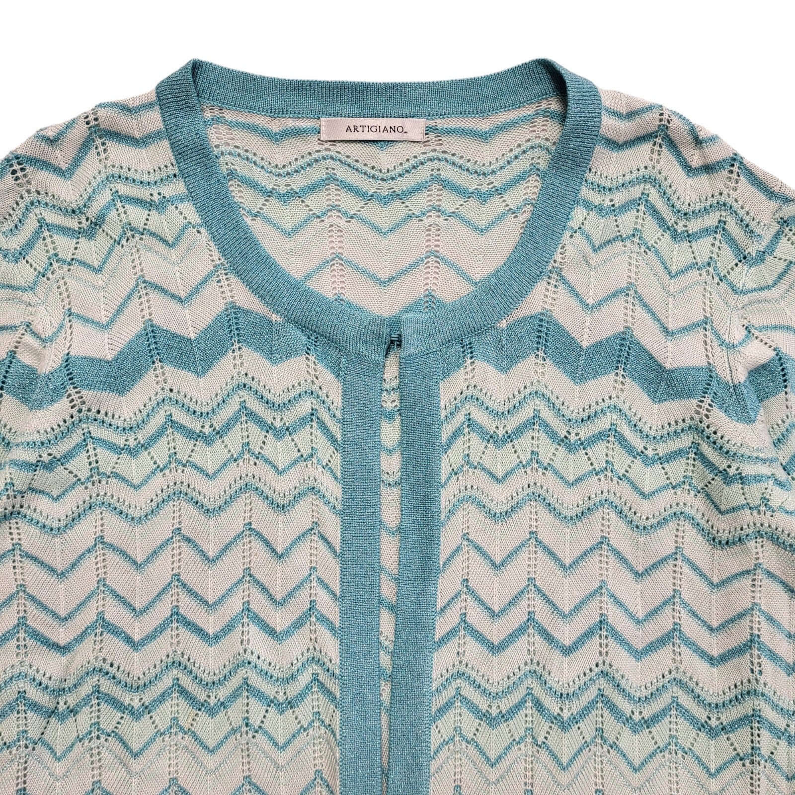 Artigiano Vintage 90's Blue Zig Zag 3/4 Sleeve Cardigan Womens UK M