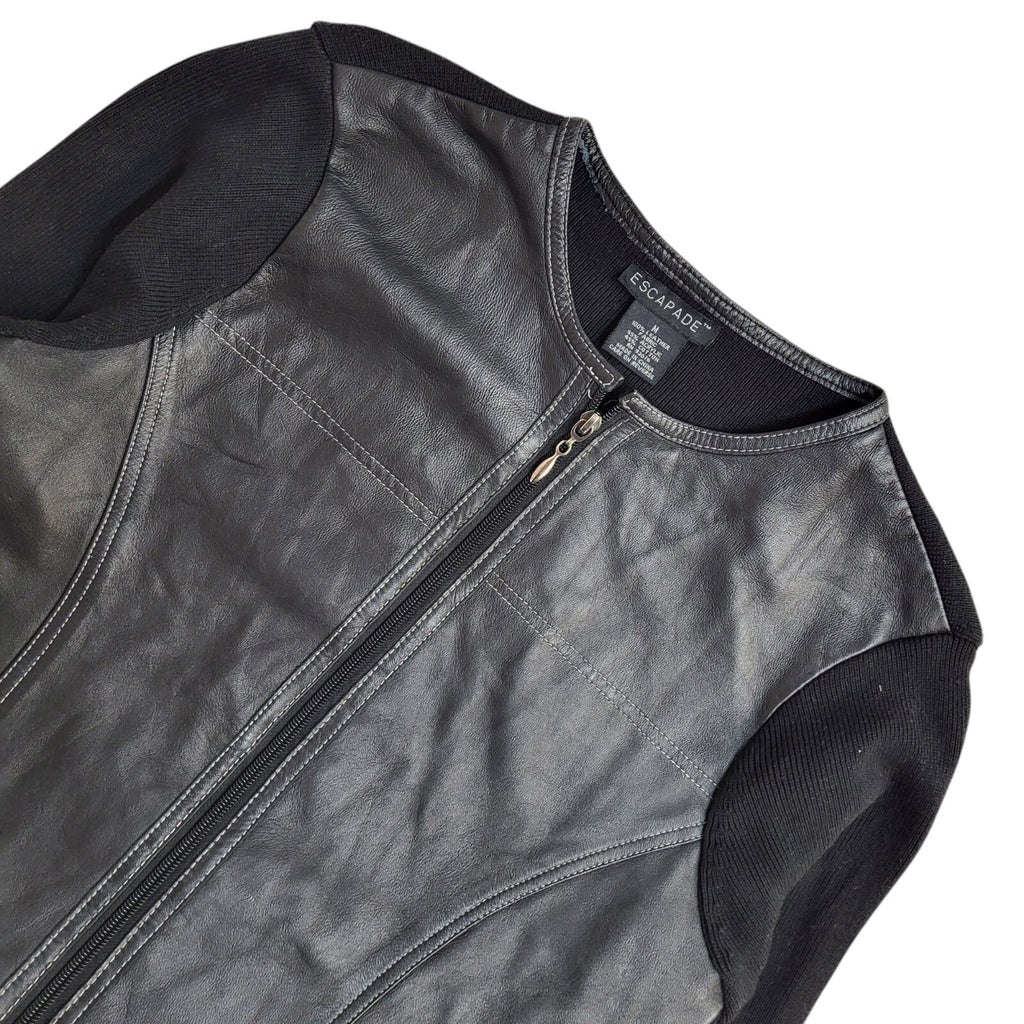 Escapade Black Round Neck Full Zip Leather Jacket 90s UK Women's Size M