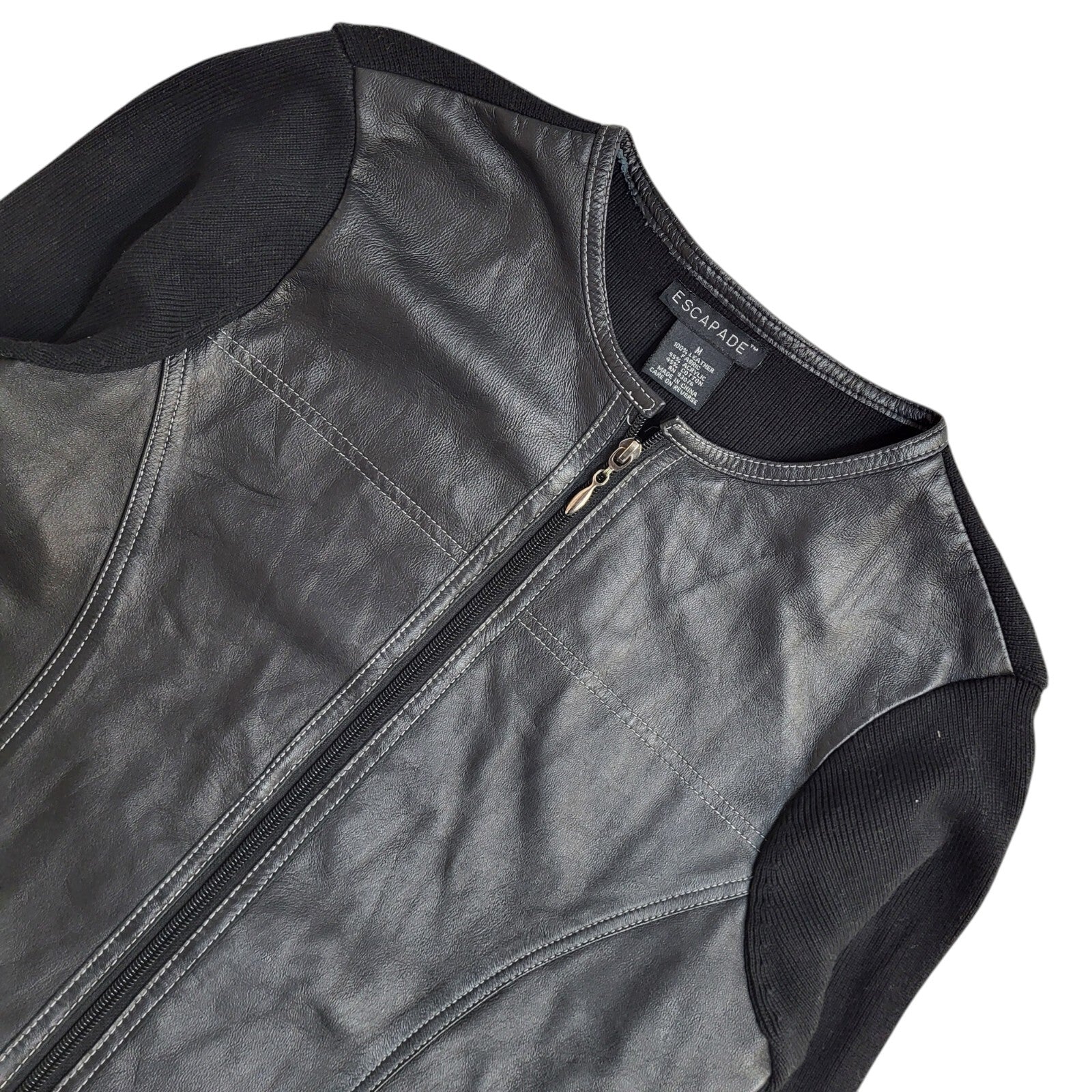 Escapade Black Round Neck Full Zip Leather Jacket 90s UK Women's Size M