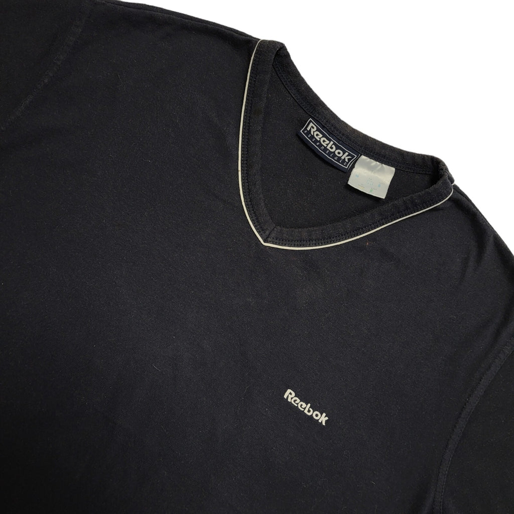 Reebok 90s Vintage Navy Blue V-Neck Cropped T-shirt Top Women's UK Size Medium