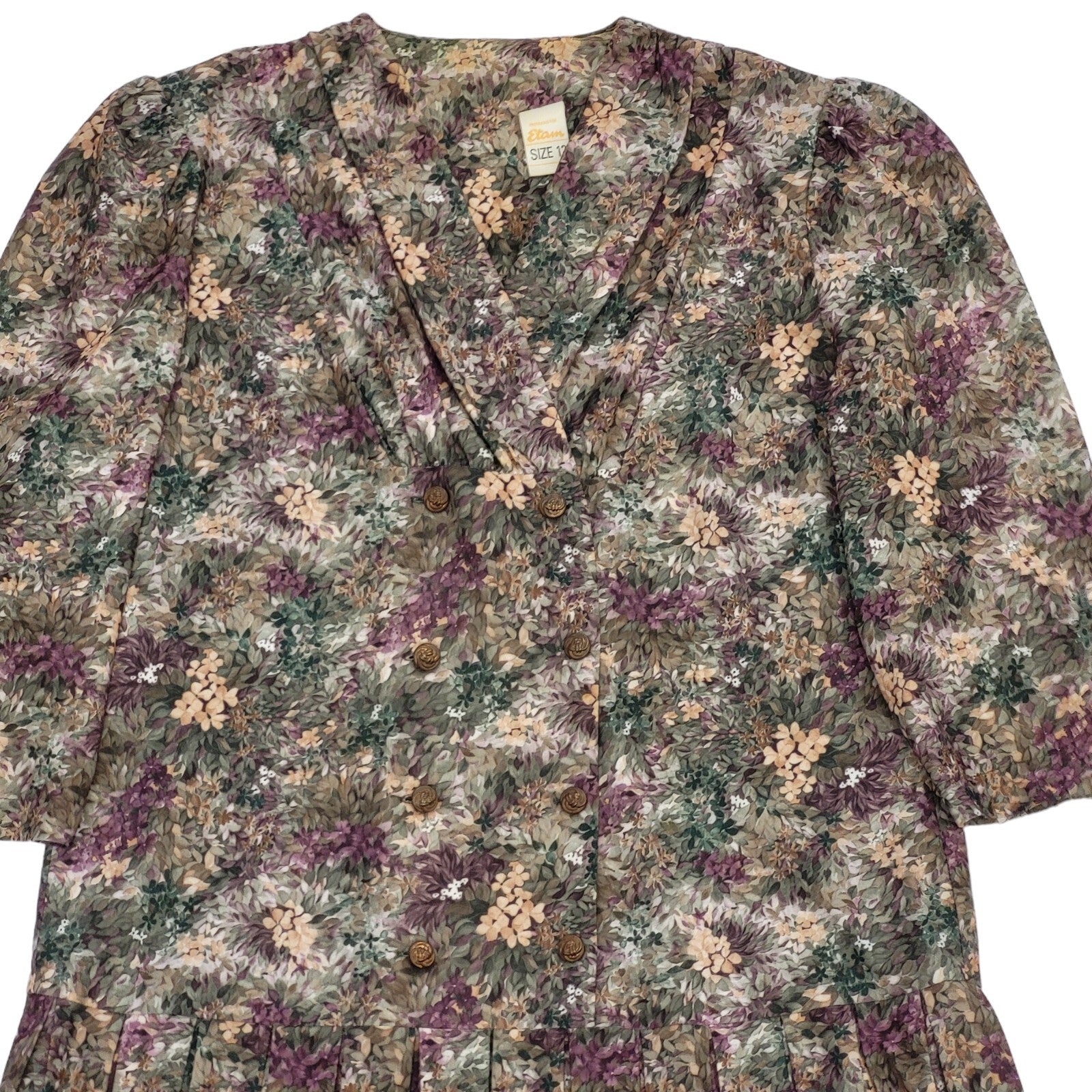 90s Vintage Etam Green & Pink Floral Pleated Dress Women's Size 12