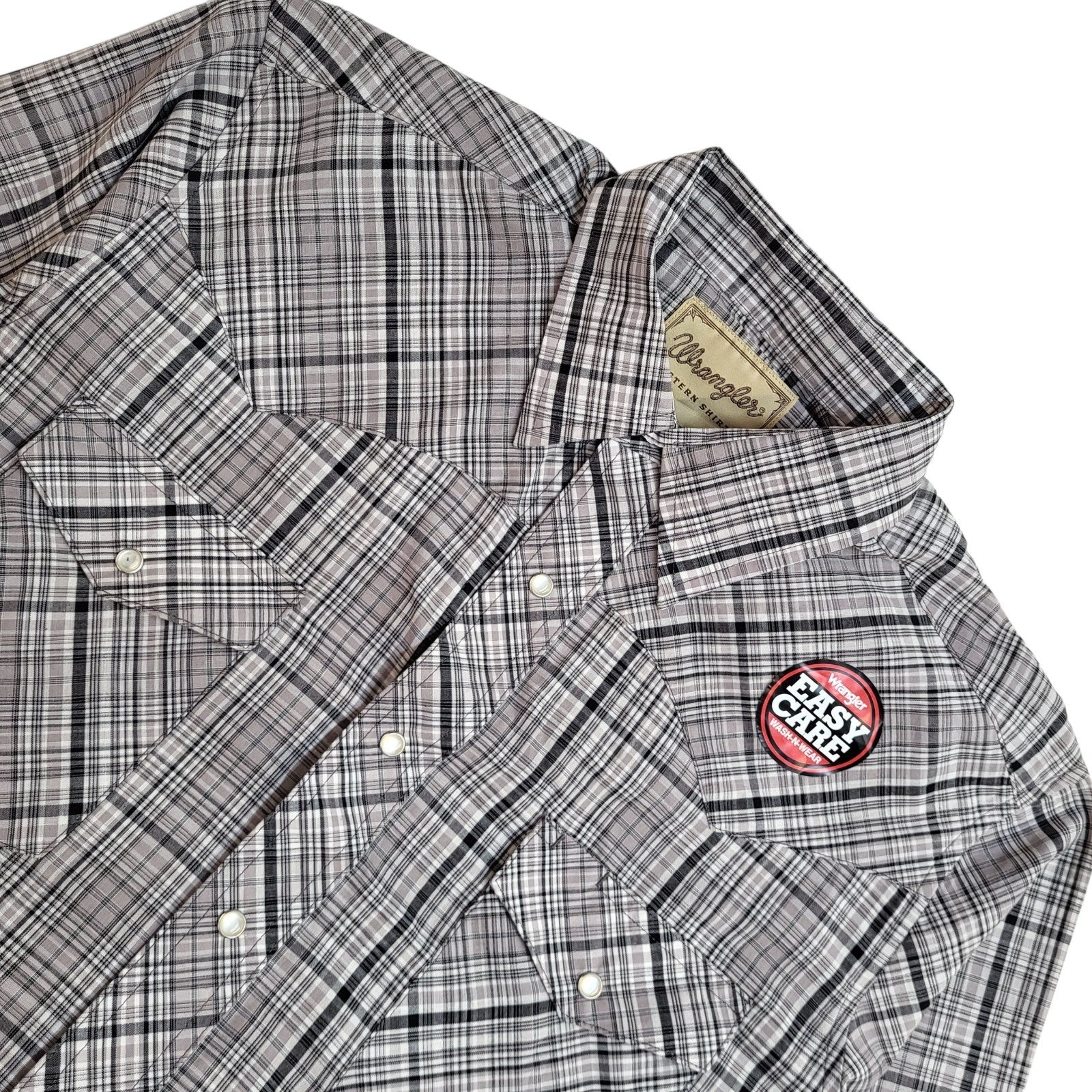 Wrangler 90's Grey Check Long Sleeve Pearl Snap Cowboy Shirt Men's UK Size M