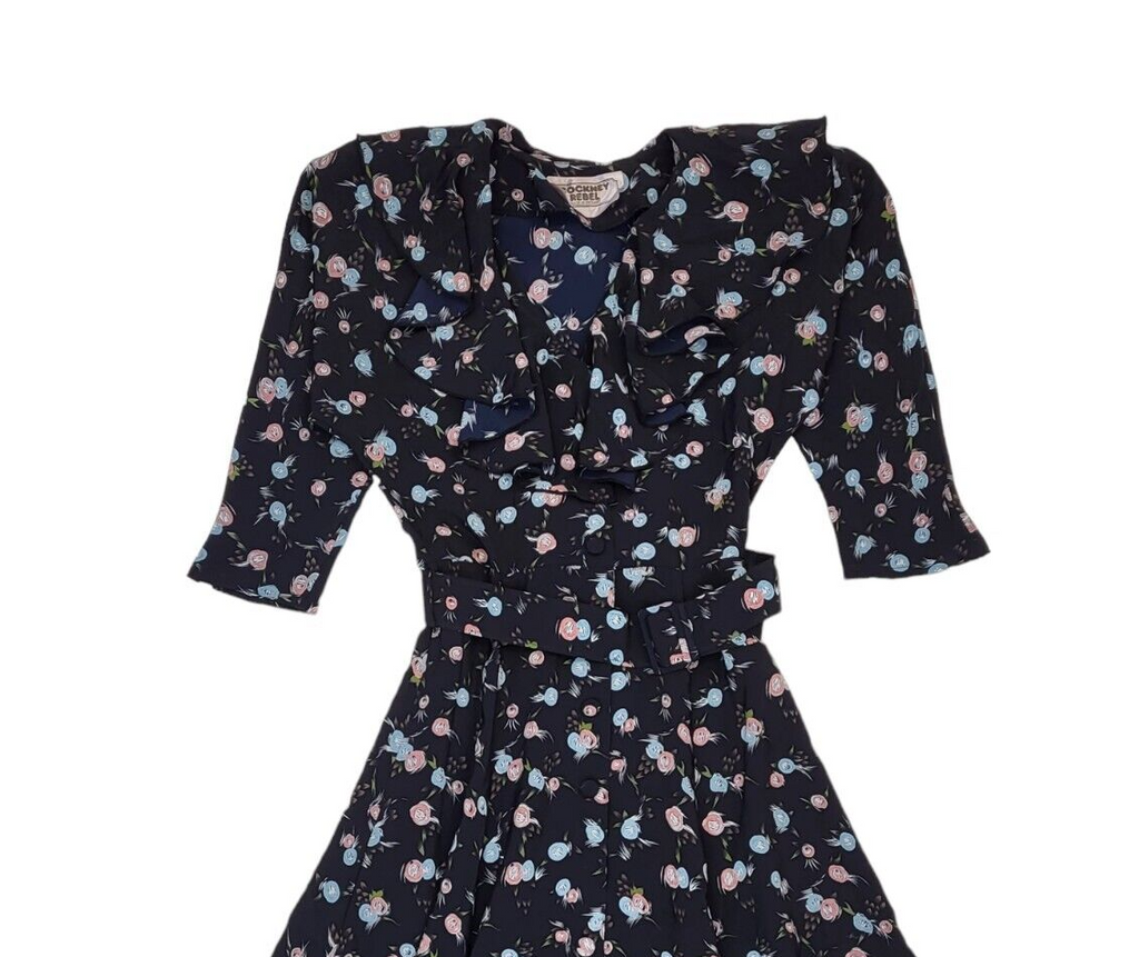 80s Vintage Cockney Rebel Black Floral Belted Daywear Dress Women's 12