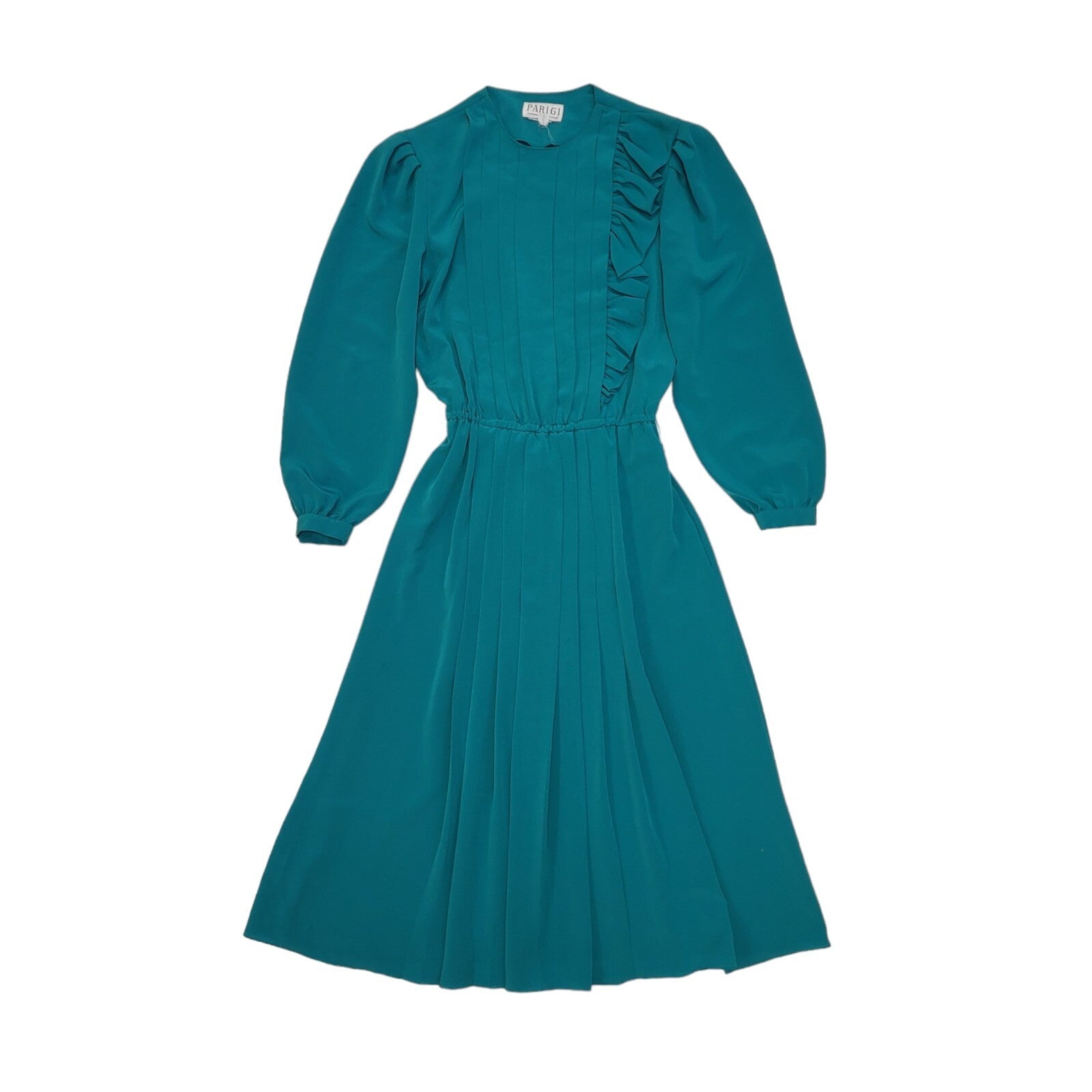 Parigi 80s Vintage Teal Ruffled Front Fit & Flare Dress Women's 10