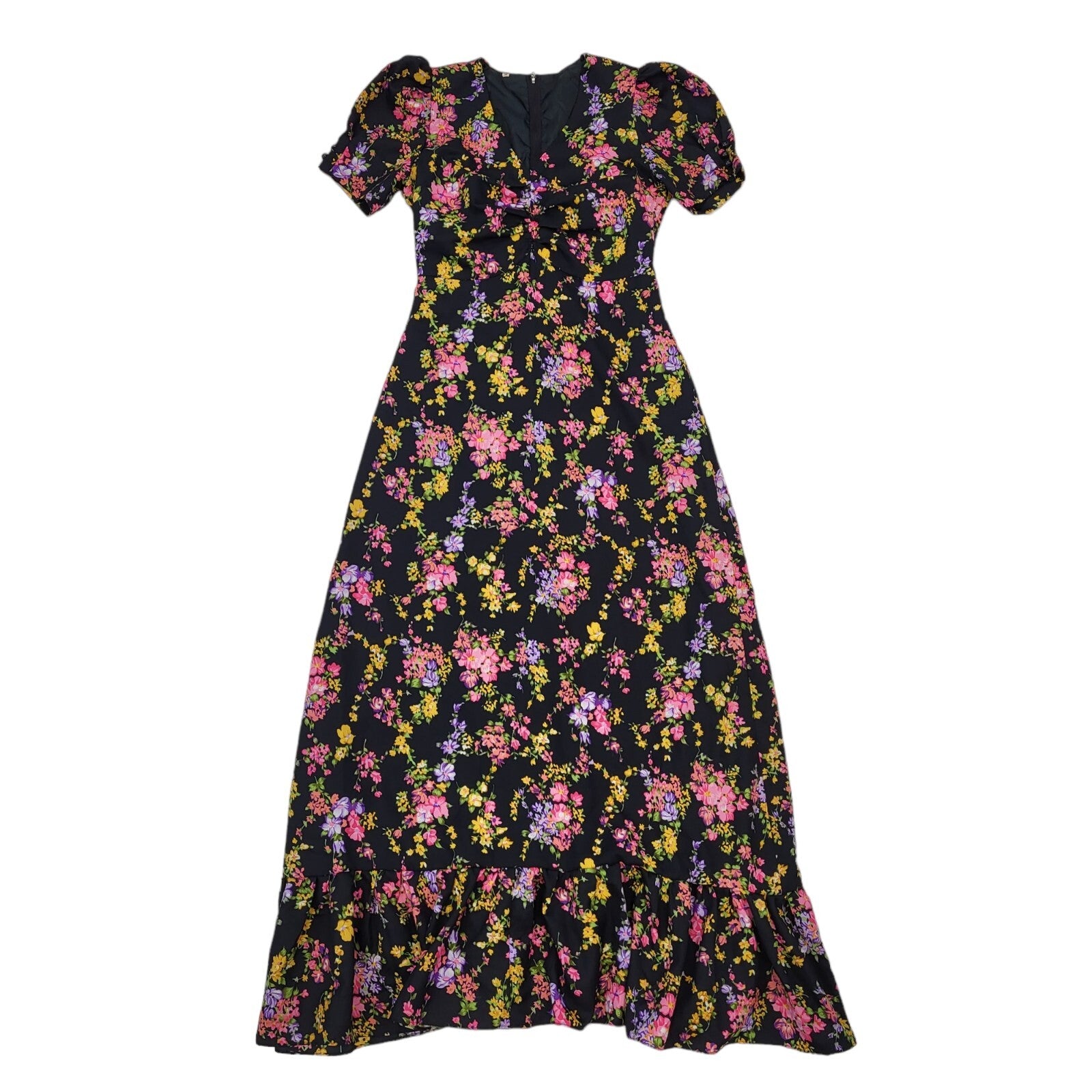 70s Vintage Black & Pink Floral Maxi Dress Women's Size 10 Eu 38