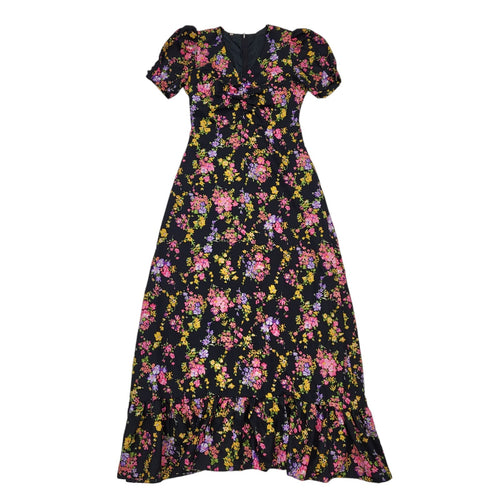 70s Vintage Black & Pink Floral Maxi Dress Women's Size 10 Eu 38