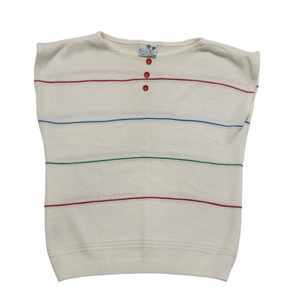 Pacific 80s Vintage White Striped Sleeveless Top Uk Women's Size 16