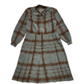 80s Vintage Grey & Brown Check Collared & Pleated Dress Women's 12/14