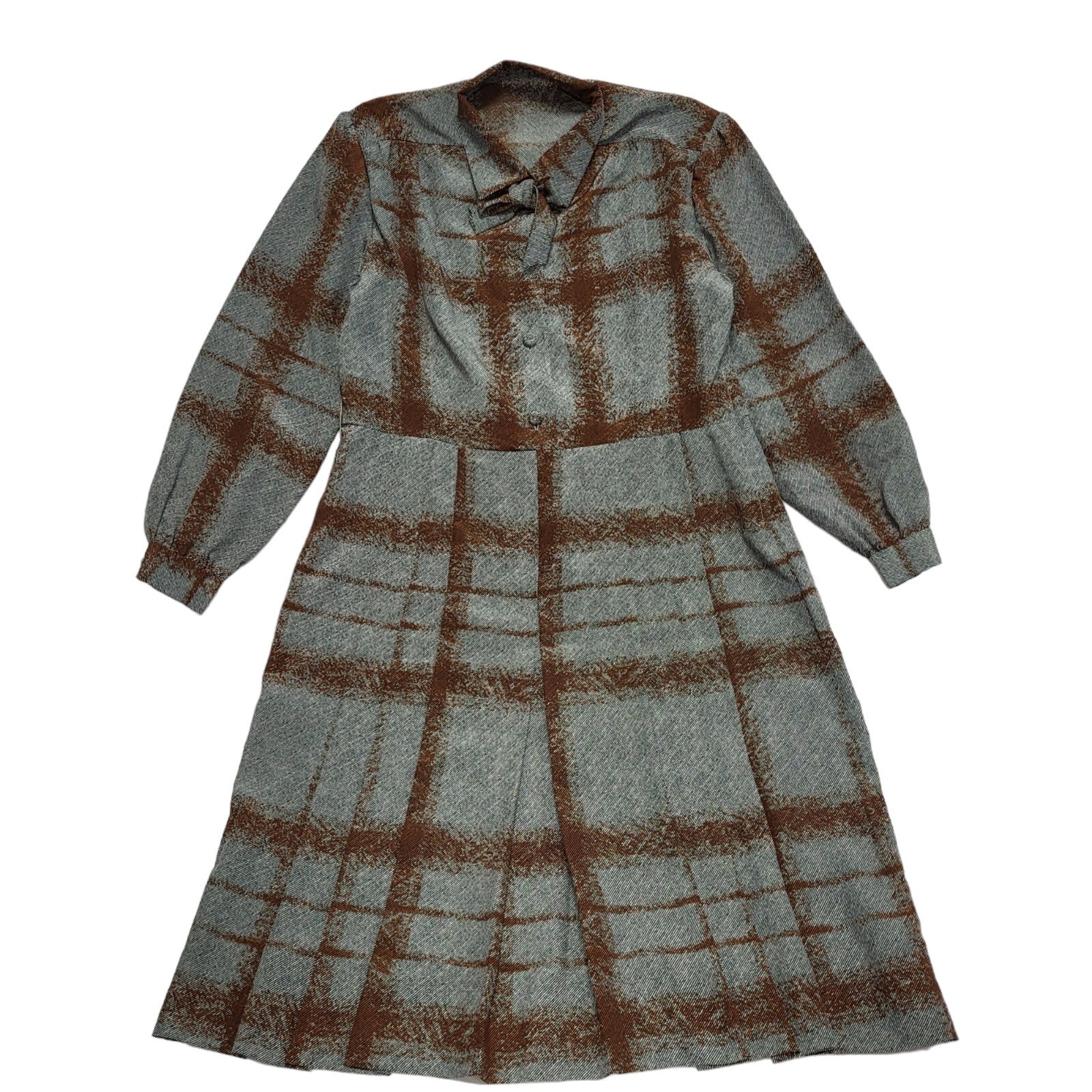 80s Vintage Grey & Brown Check Collared & Pleated Dress Women's 12/14