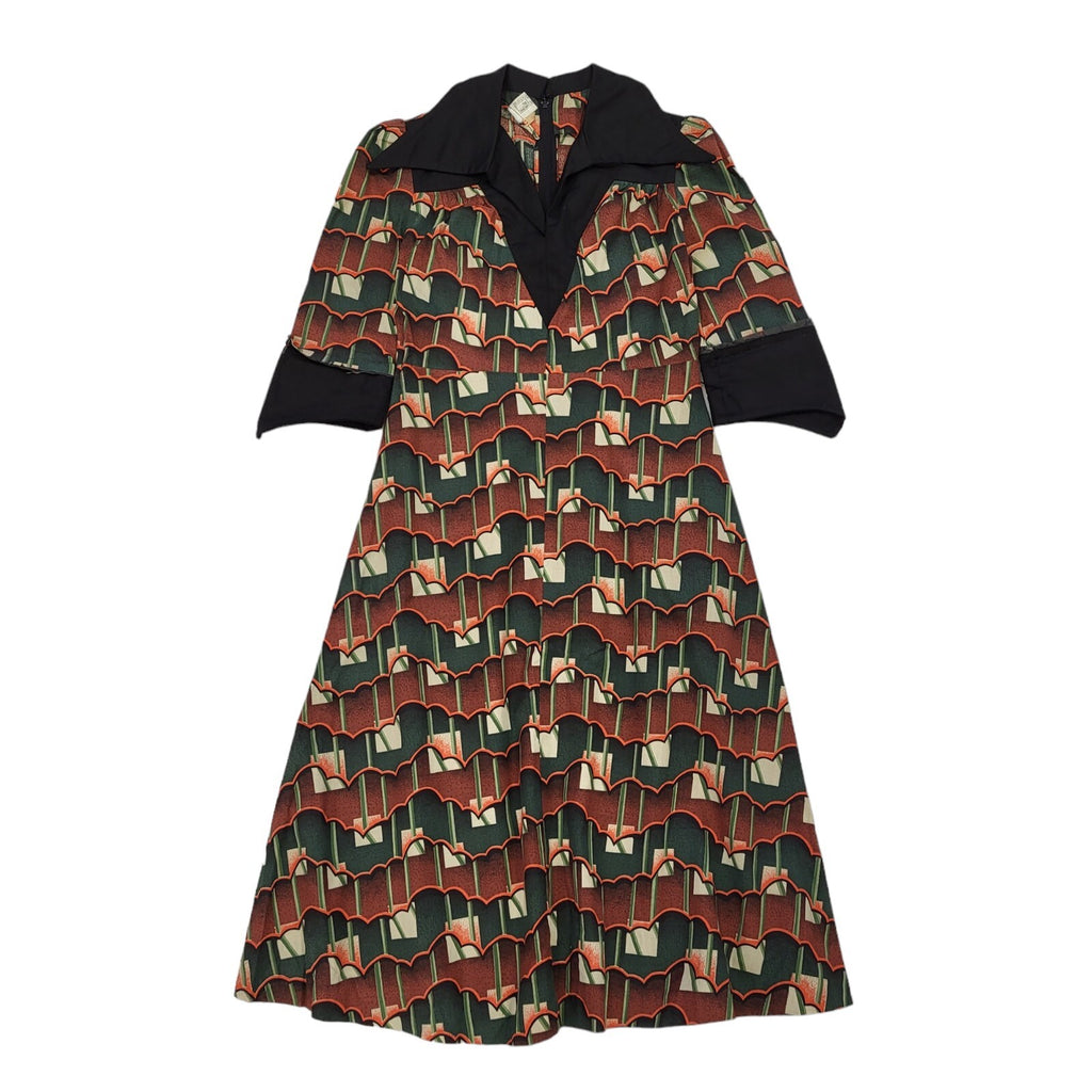 70s Vintage Brown & Green Geometric Collared Daywear Dress Women's UK 8