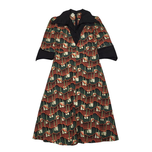 70s Vintage Brown & Green Geometric Collared Daywear Dress Women's UK 8