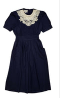 80s Vintage Karin Stevens Navy Lace Trim Dress Women's Size M