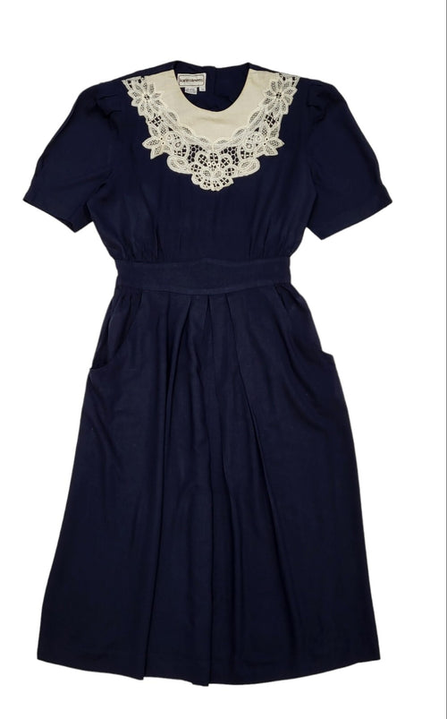 80s Vintage Karin Stevens Navy Lace Trim Dress Women's Size M