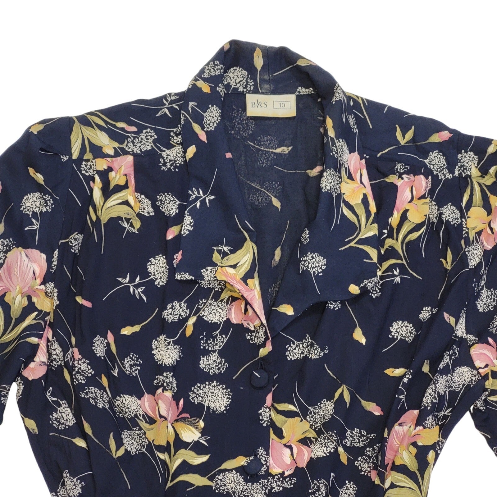 Bhs 80s Vintage Blue Floral Belted & Collared Dress Women's 10
