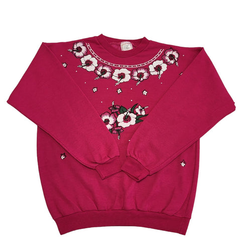 90s Vintage Pink Flower Print Retro Sweatshir Women's Size M