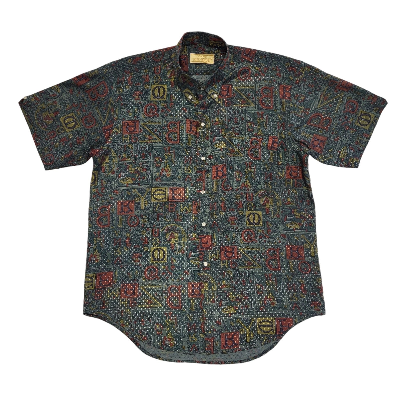 Golden So-End Vintage 80's Green & Red Retro Short Sleeve Shirt Mens UK Size L