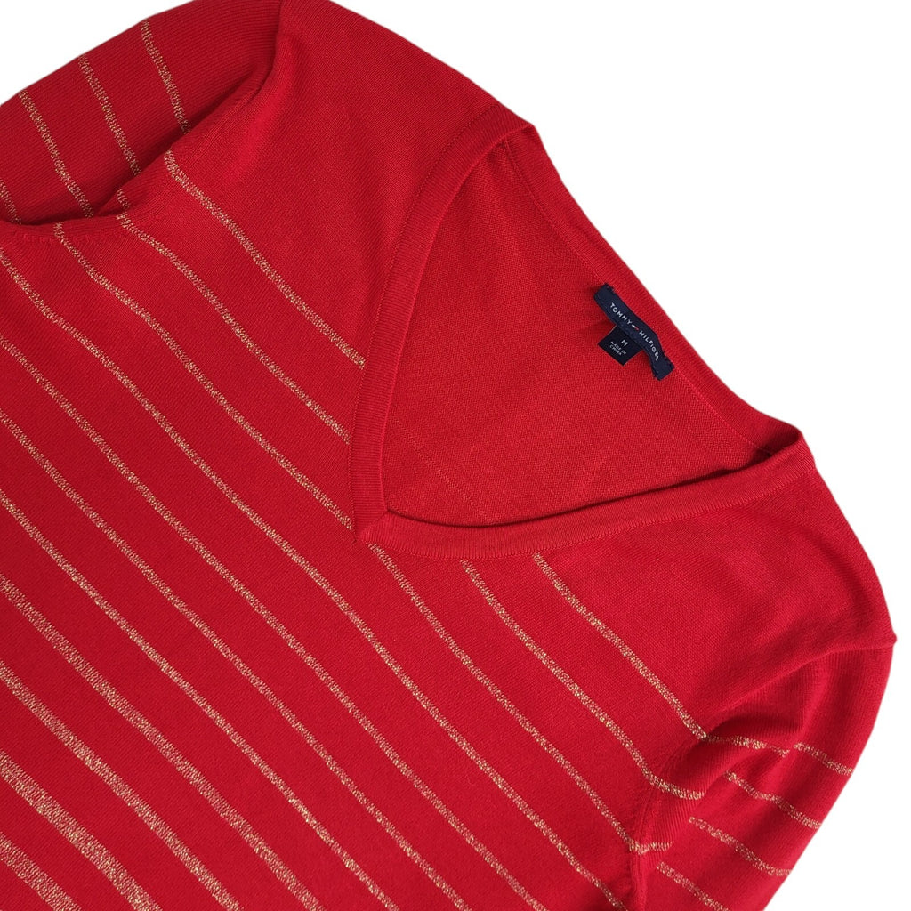 Tommy Hilfiger Y2K Red & Gold Striped V-Neck Jumper UK Women's Size M