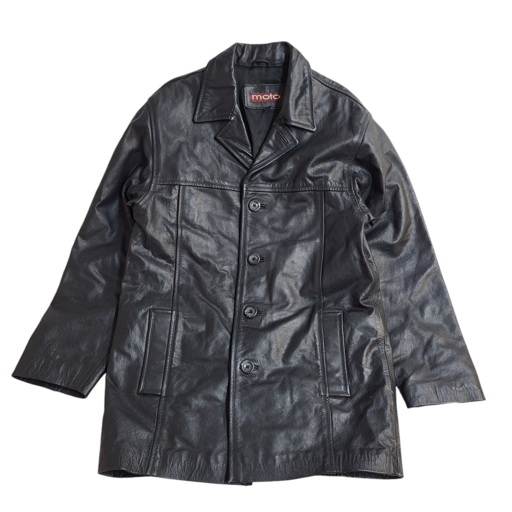 Moto Vintage 90's Black Button Leather Coat UK Men's Size Small