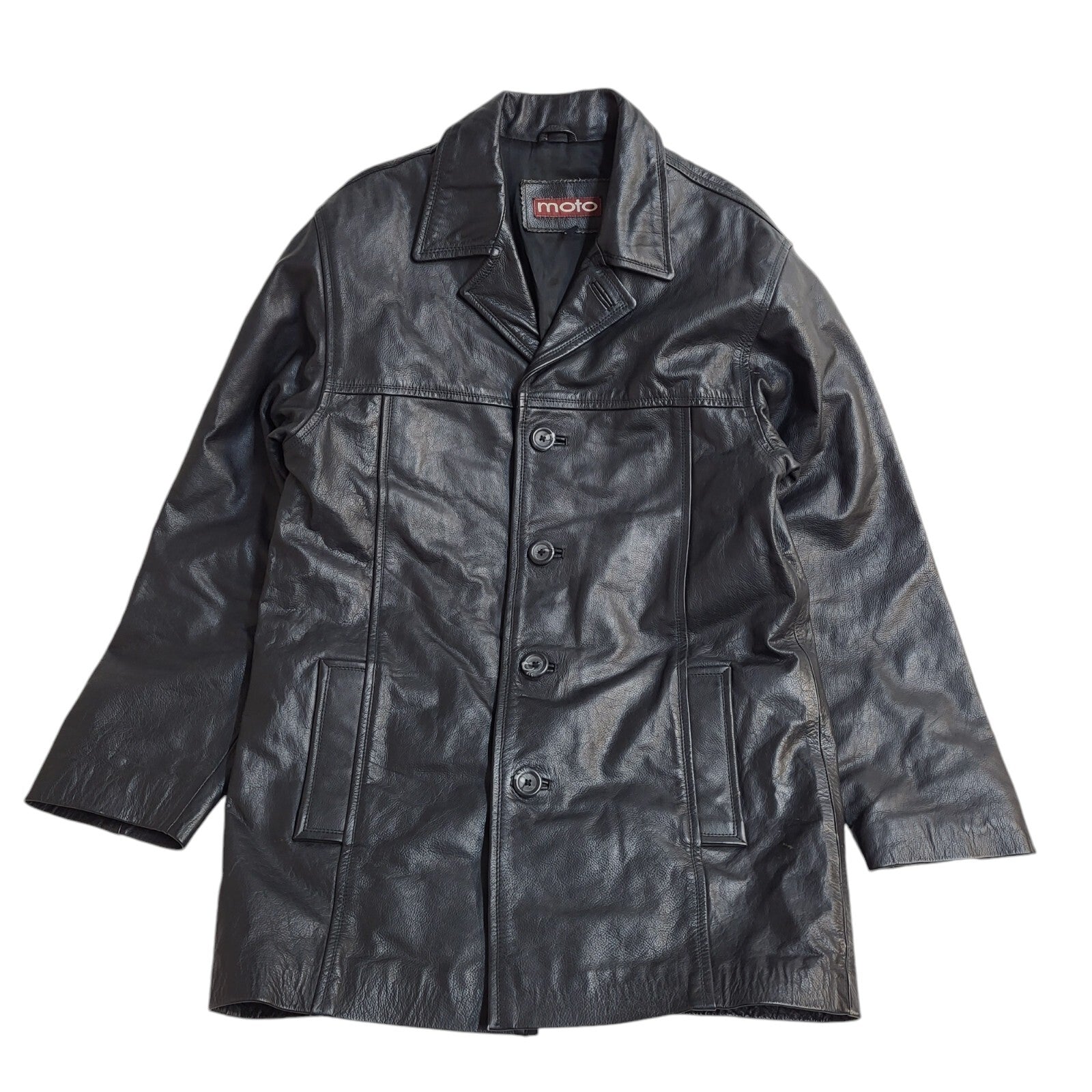 Moto Vintage 90's Black Button Leather Coat UK Men's Size Small