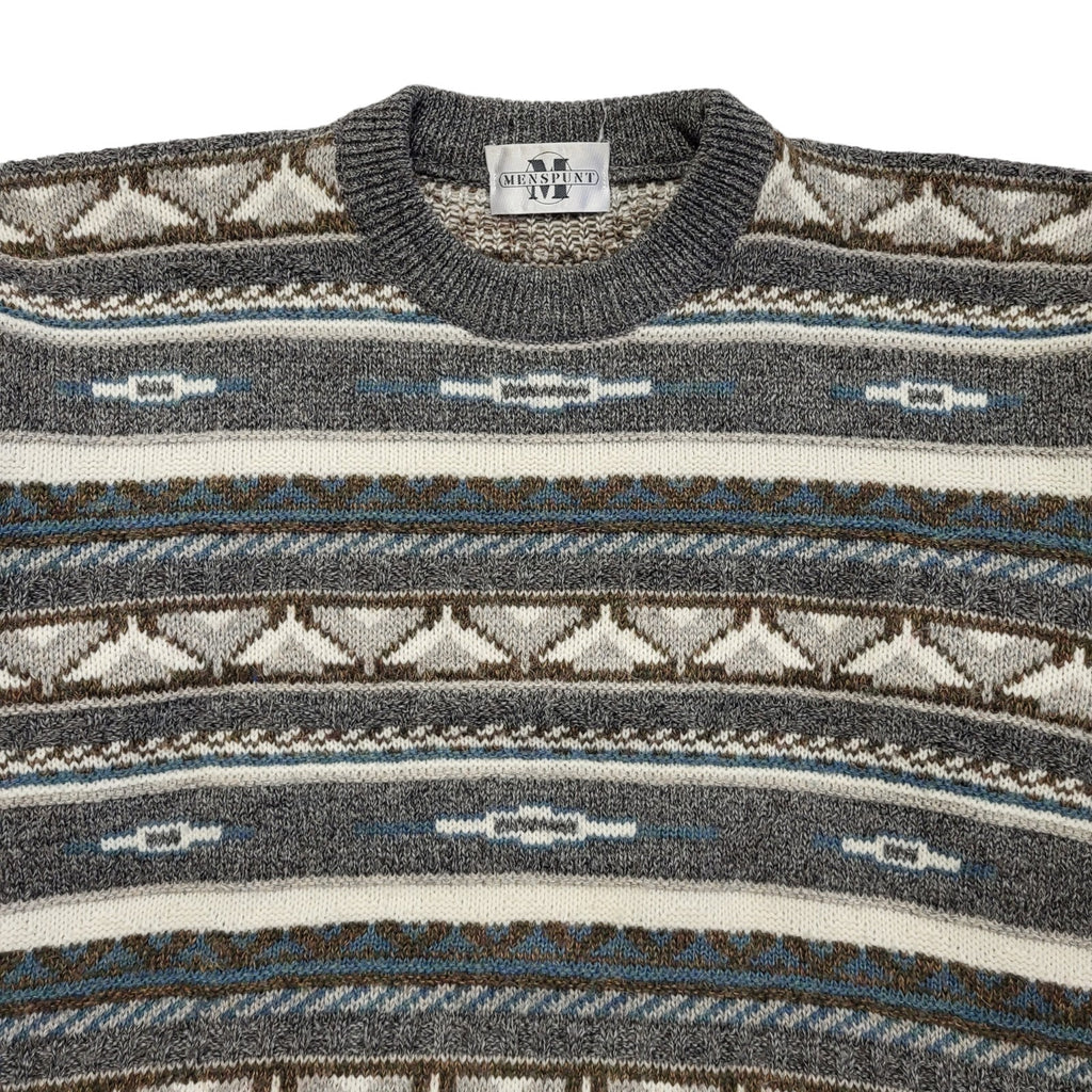 Menspunt Vintage 80s Grey Blue Geometric Crew Neck Jumper Men's UK L