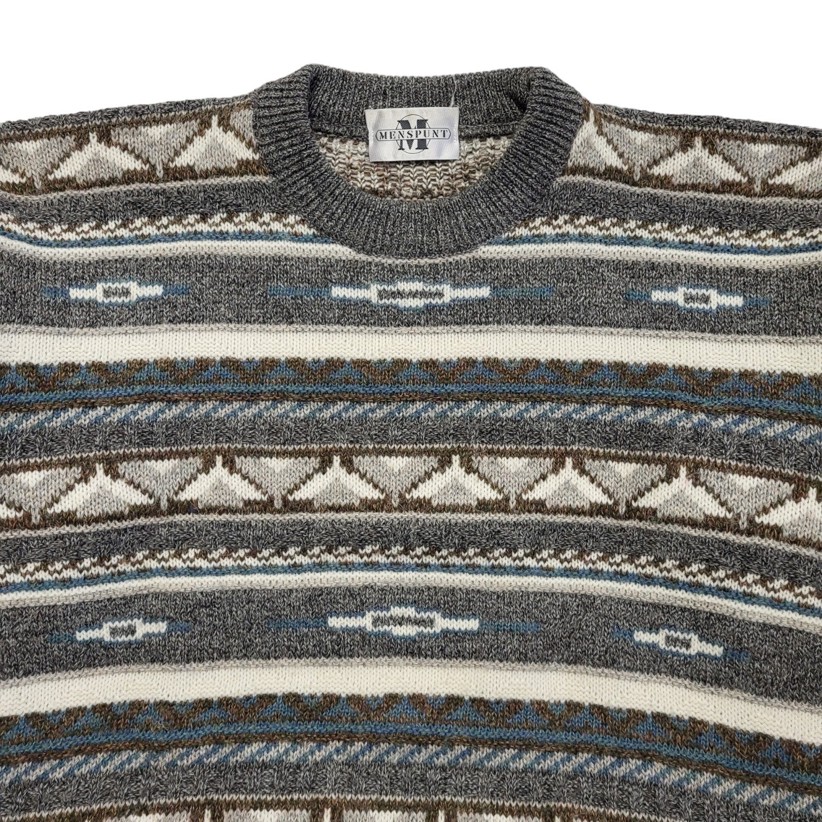 Menspunt Vintage 80s Grey Blue Geometric Crew Neck Jumper Men's UK L
