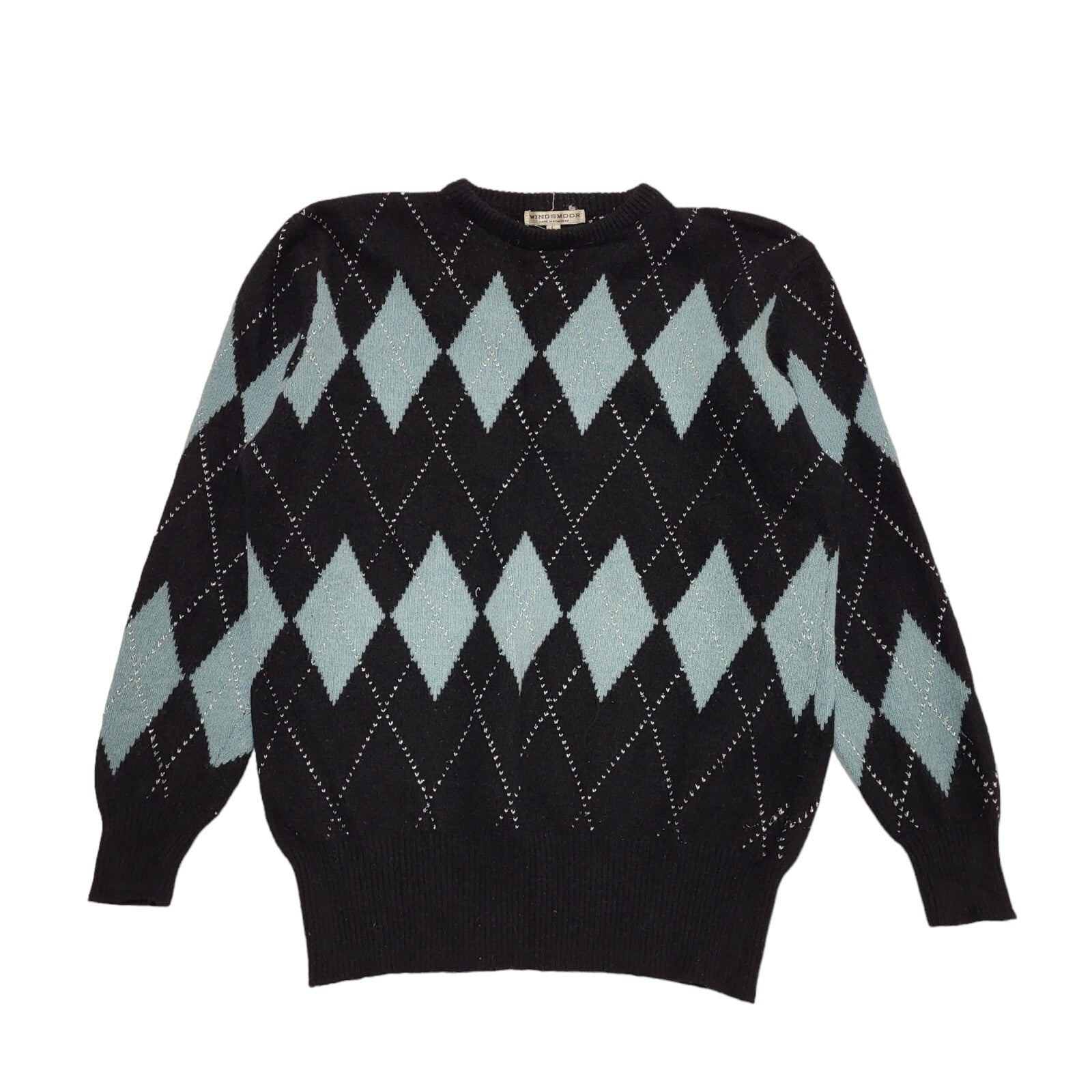 Windsmoor 80's Black & Blue Diamond Patterned Jumper UK Women's Size L
