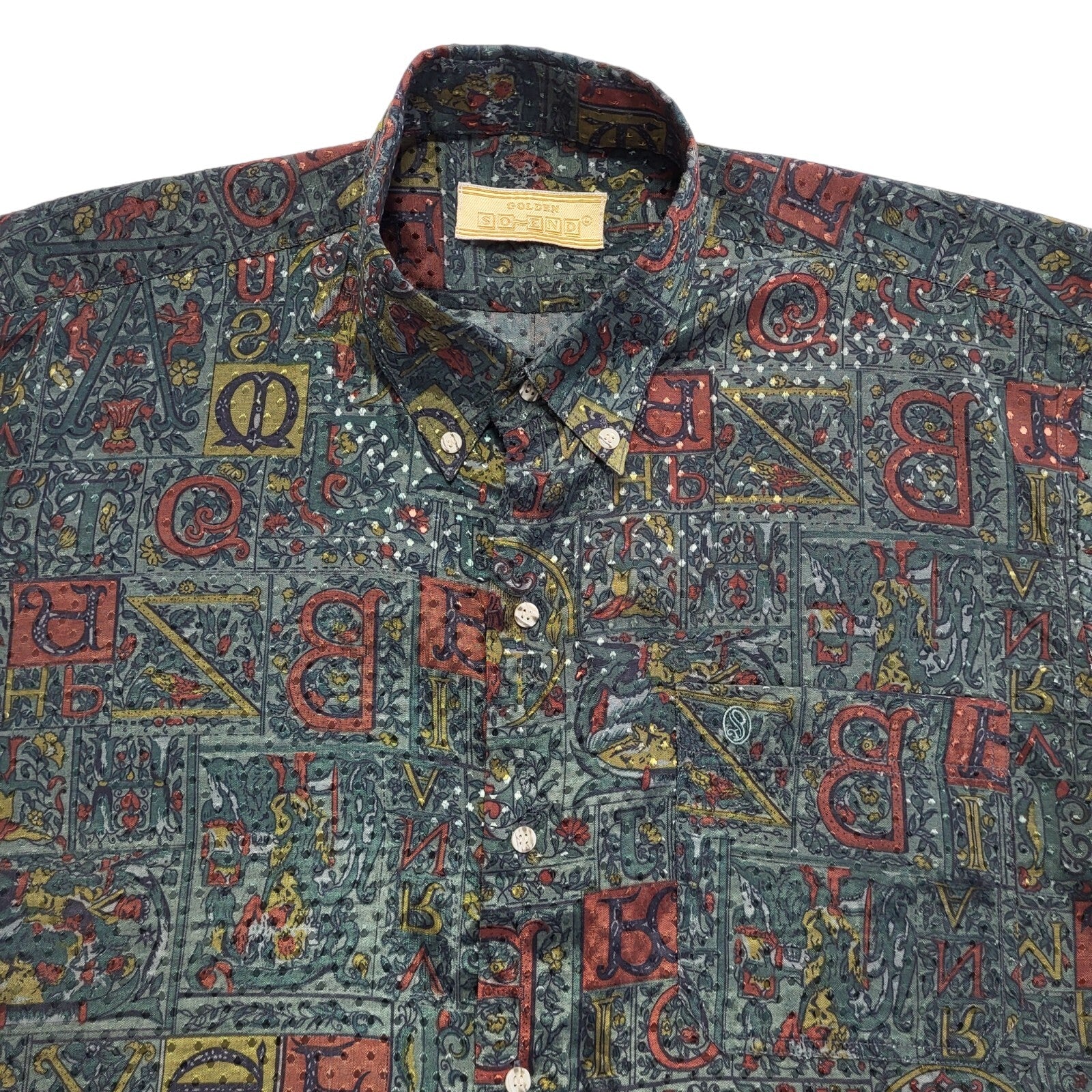 Golden So-End Vintage 80's Green & Red Retro Short Sleeve Shirt Mens UK Size L