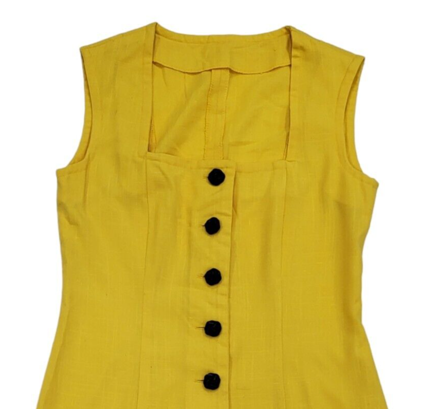 80s Vintage Yellow Button Up Cotton Sheath Dress Women's 10
