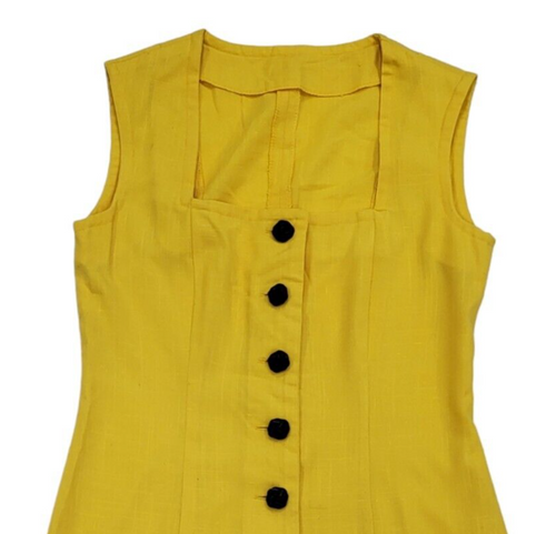 80s Vintage Yellow Button Up Cotton Sheath Dress Women's 10