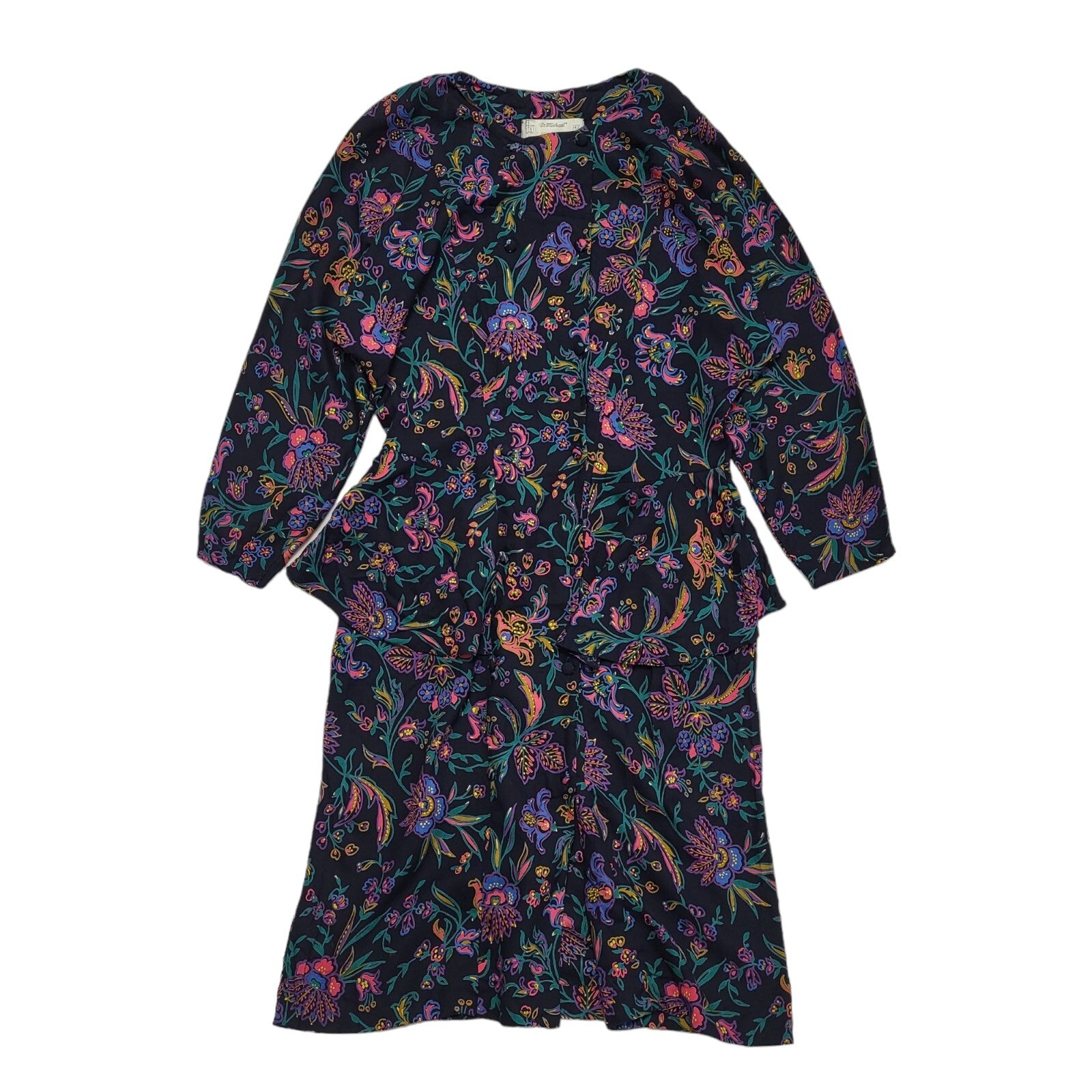 St Michael 70s Vintage ONavy Purple Peplum Buttoned Long Sleeve Dress Women's 14